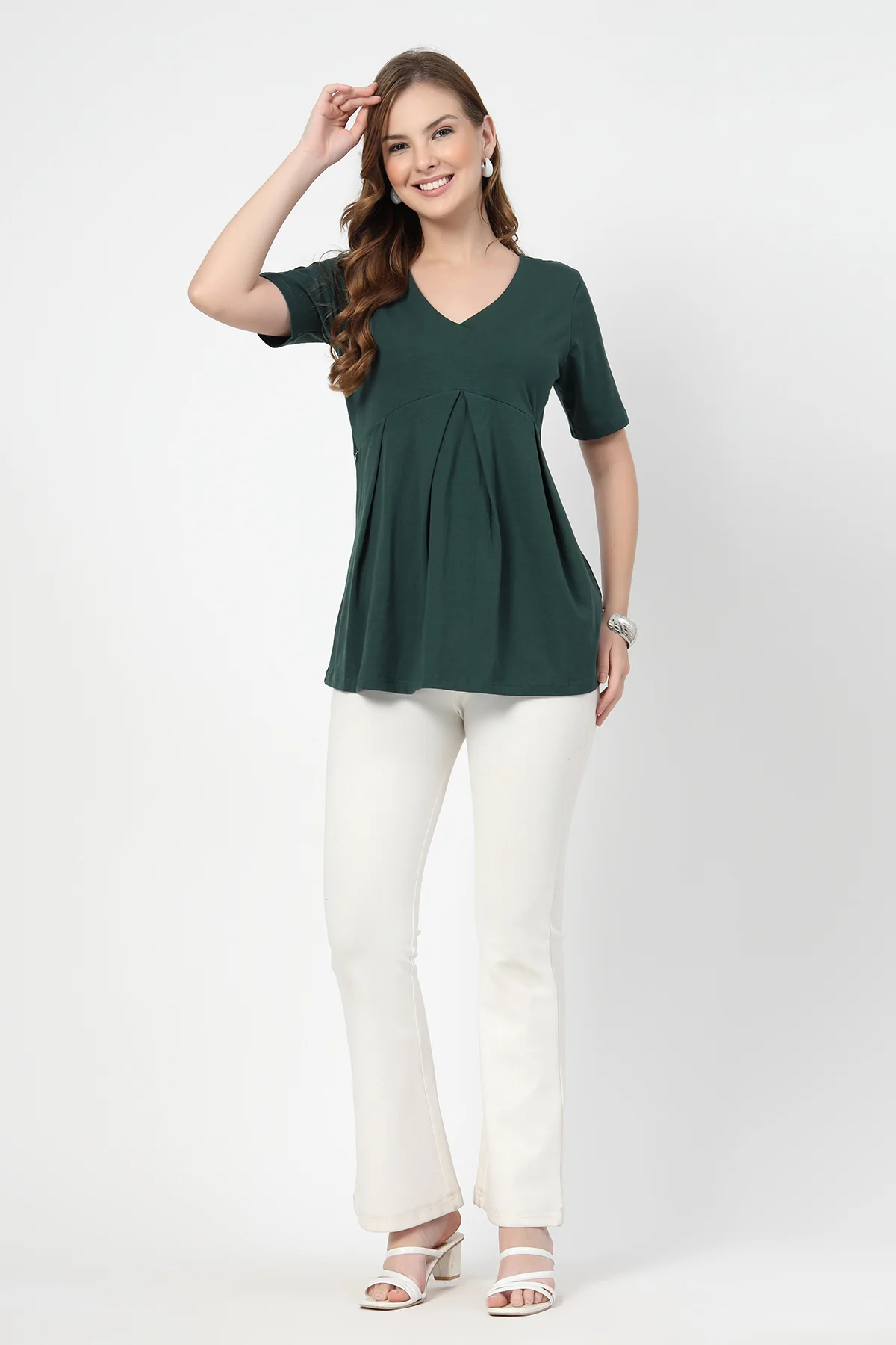 Pleated Cotton Maternity Nursing Top - Bottle Green - Image 8