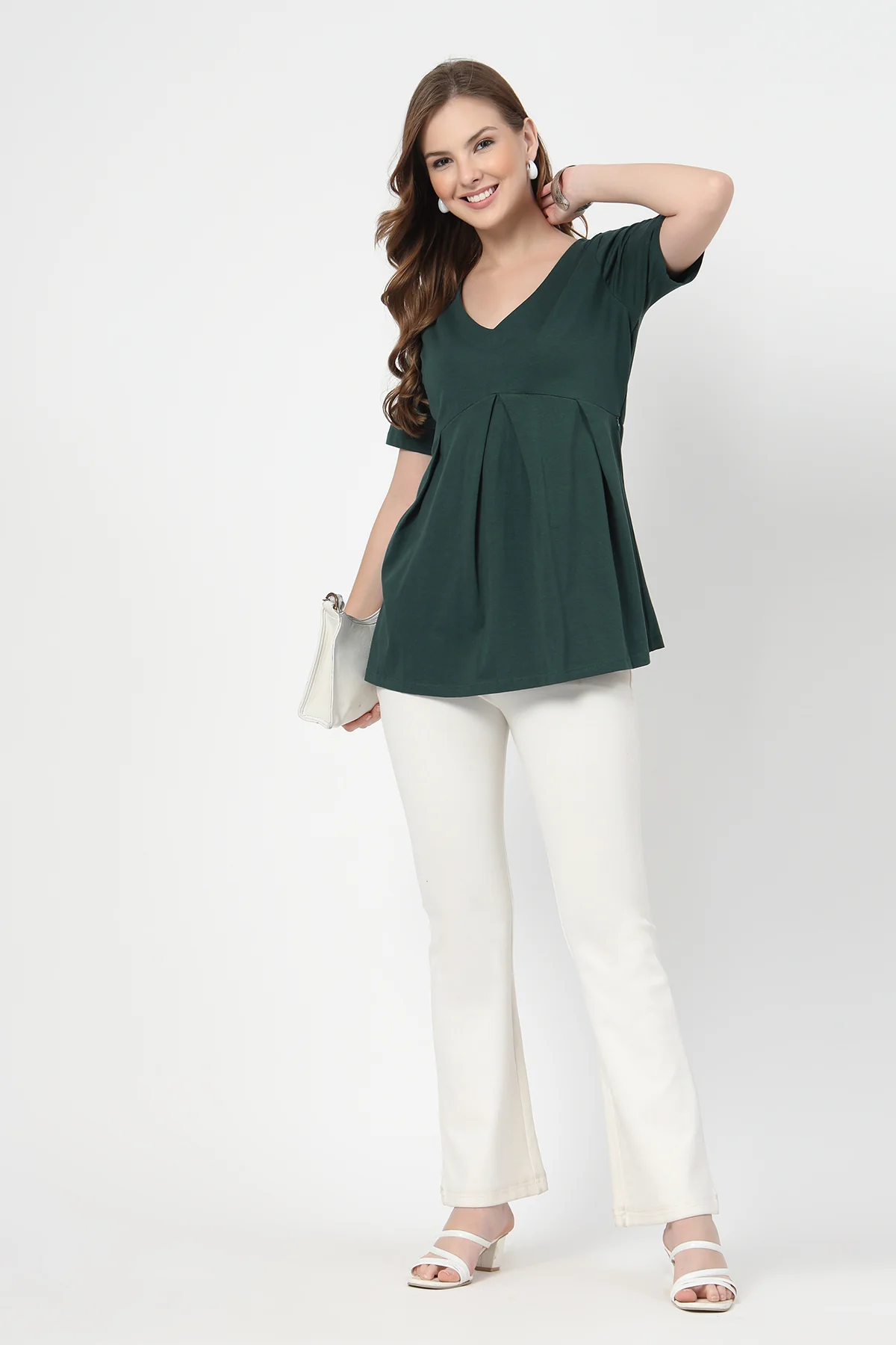 Pleated Cotton Maternity Nursing Top - Bottle Green - Image 9