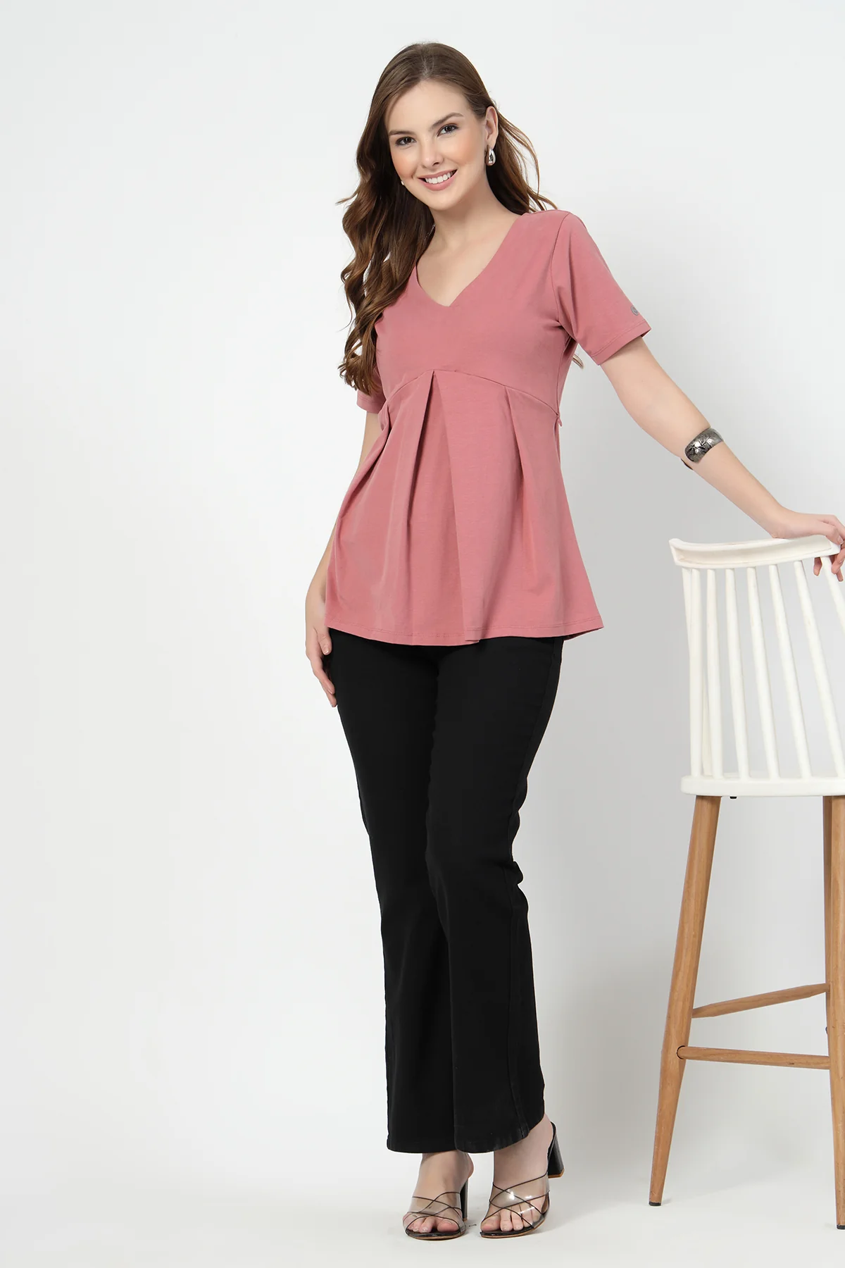 Pleated Cotton Maternity Nursing Top - Deep Salmon - Image 10