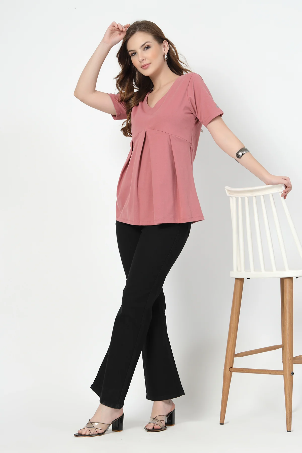 Pleated Cotton Maternity Nursing Top - Deep Salmon - Image 11