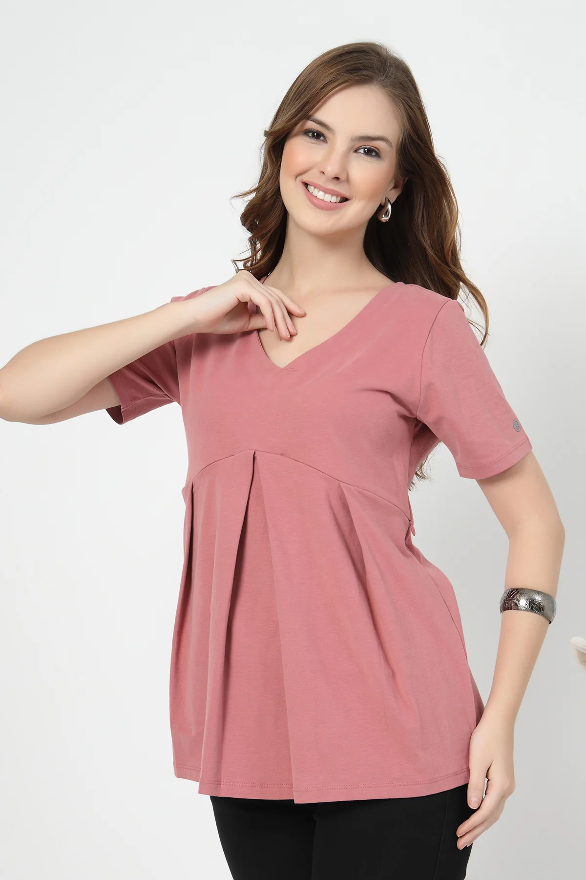 Pleated Cotton Maternity Nursing Top - Deep Salmon - Image 12