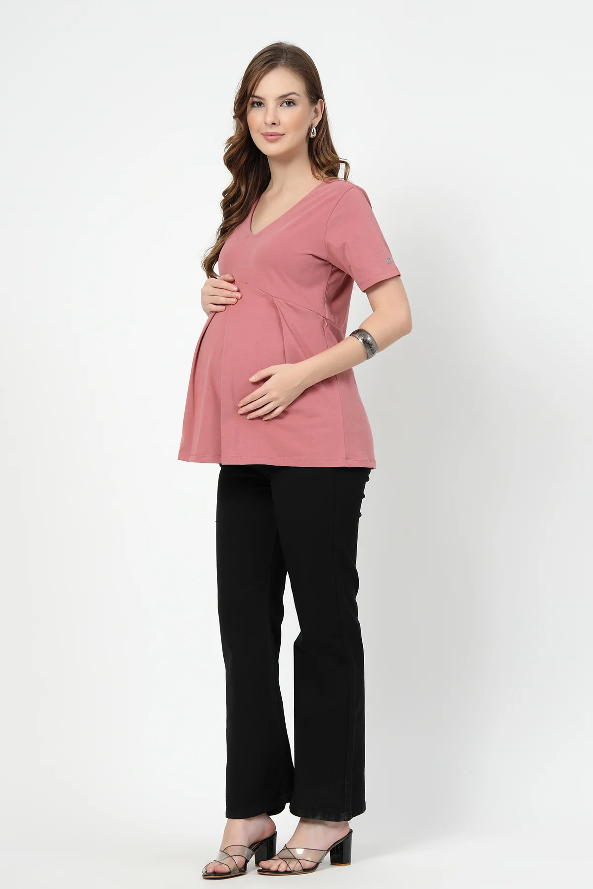 Pleated Cotton Maternity Nursing Top - Deep Salmon - Image 13