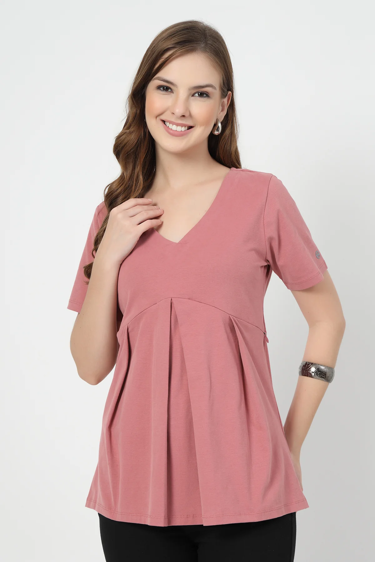 Pleated Cotton Maternity Nursing Top - Deep Salmon - Image 2