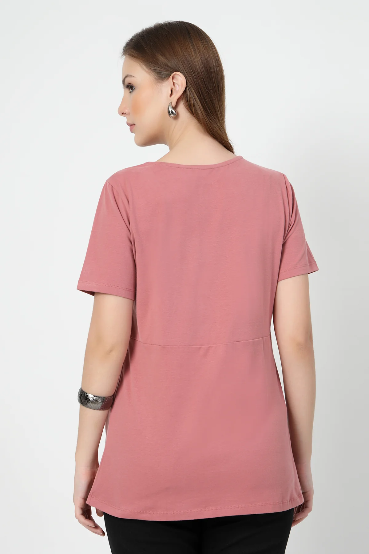Pleated Cotton Maternity Nursing Top - Deep Salmon - Image 3
