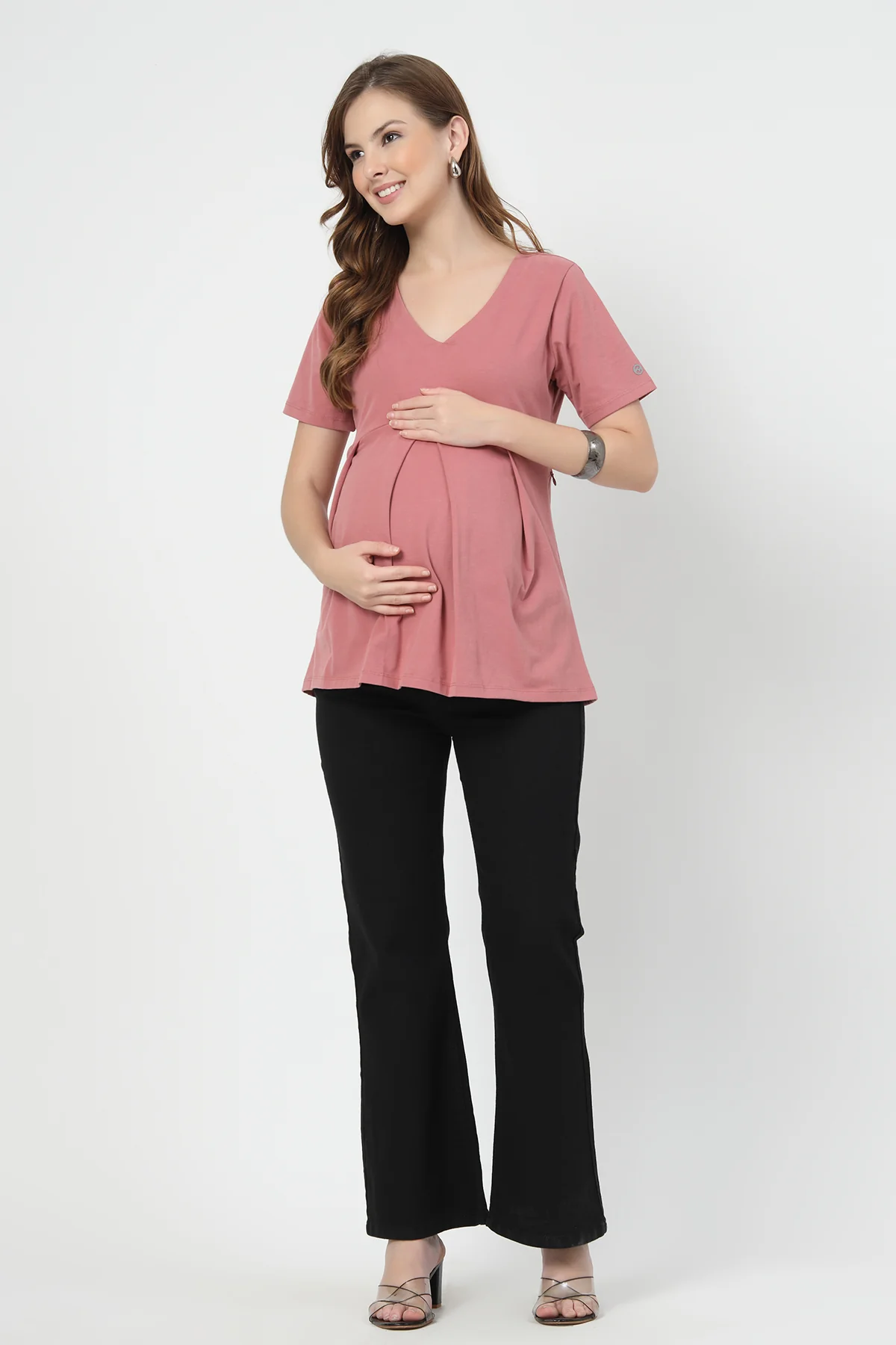 Pleated Cotton Maternity Nursing Top - Deep Salmon - Image 4