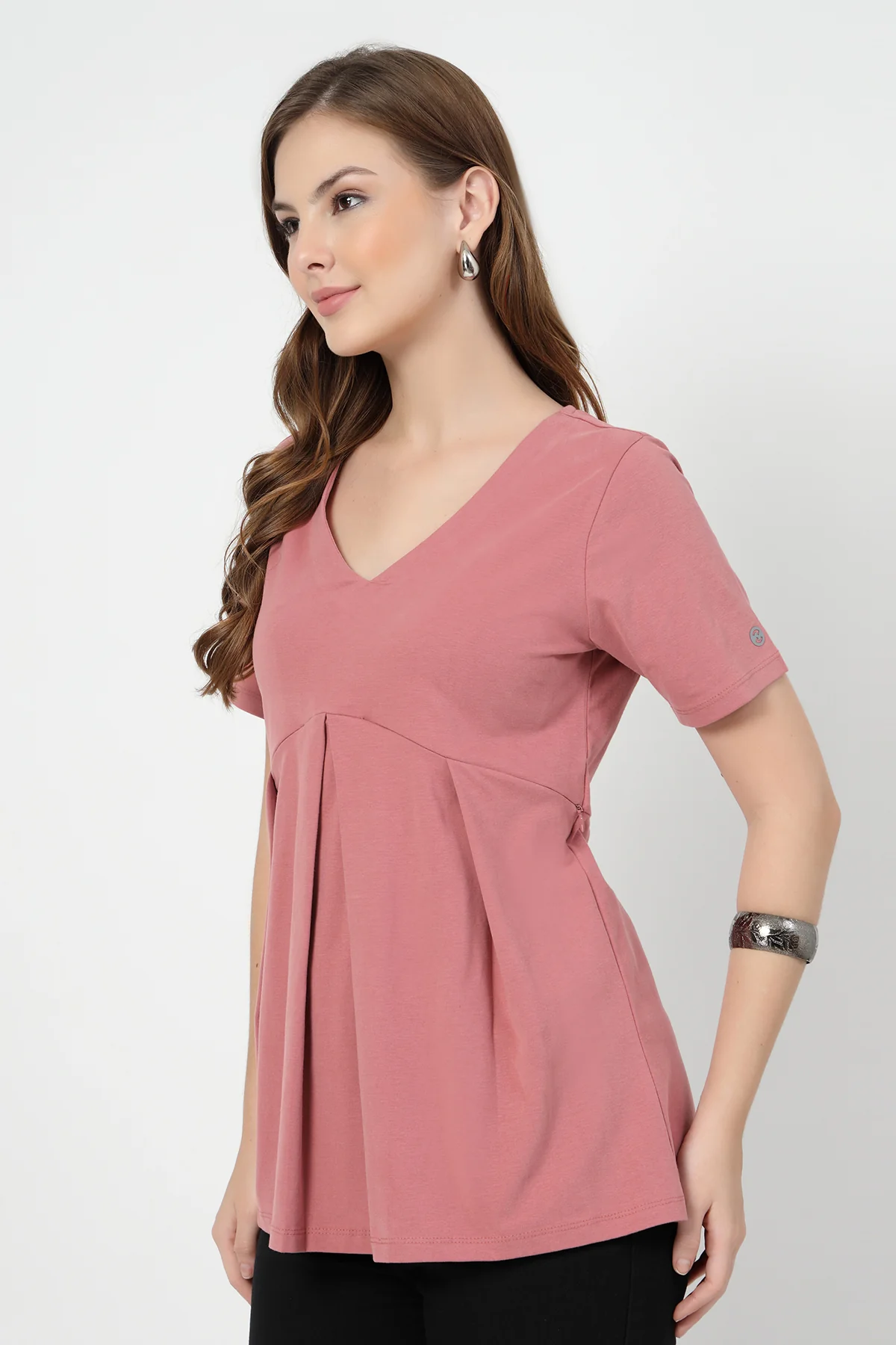 Pleated Cotton Maternity Nursing Top - Deep Salmon - Image 5