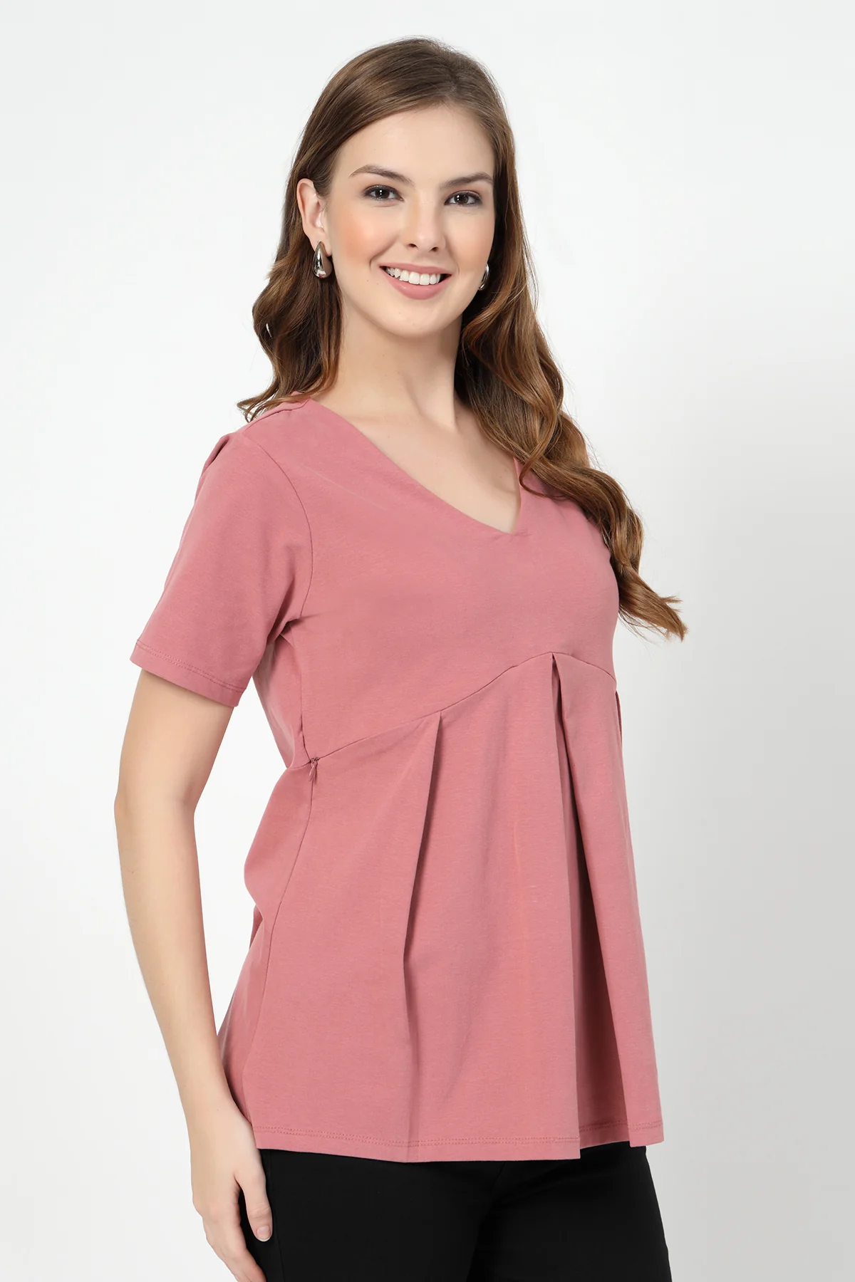 Pleated Cotton Maternity Nursing Top - Deep Salmon - Image 6