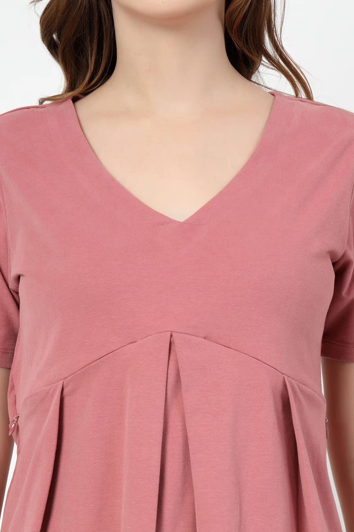 Pleated Cotton Maternity Nursing Top - Deep Salmon - Image 7