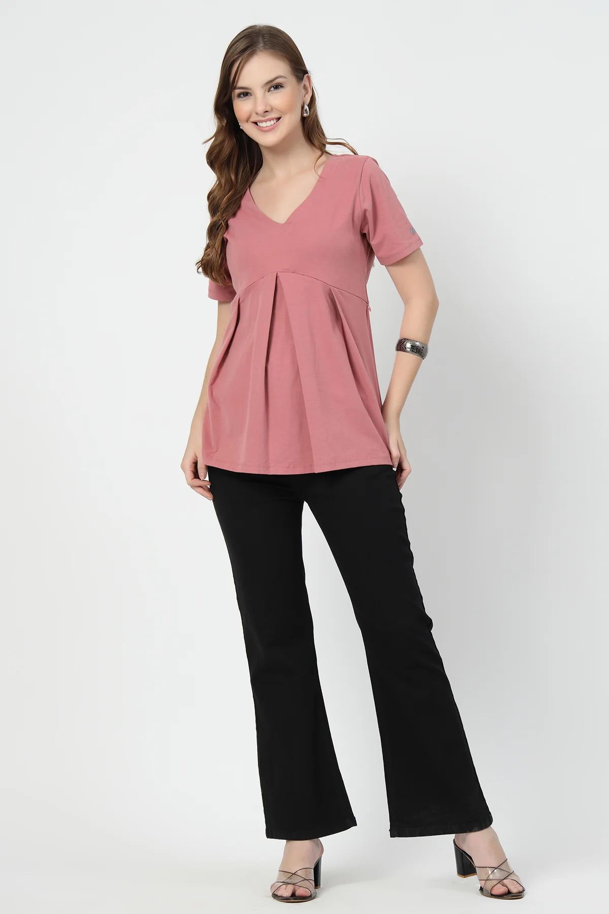 Pleated Cotton Maternity Nursing Top - Deep Salmon - Image 9