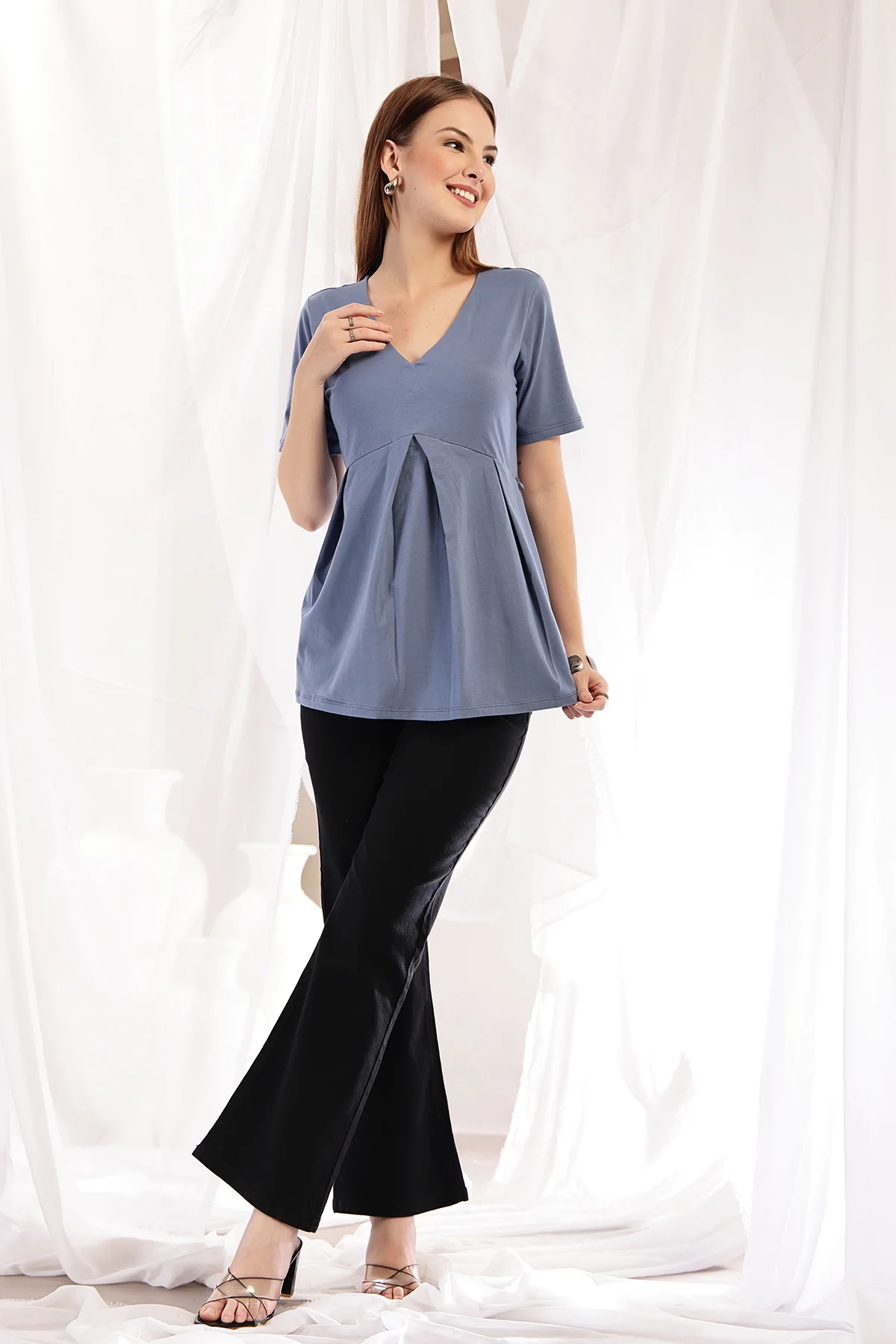Pleated Cotton Maternity Nursing Top - M-Blue - Image 10