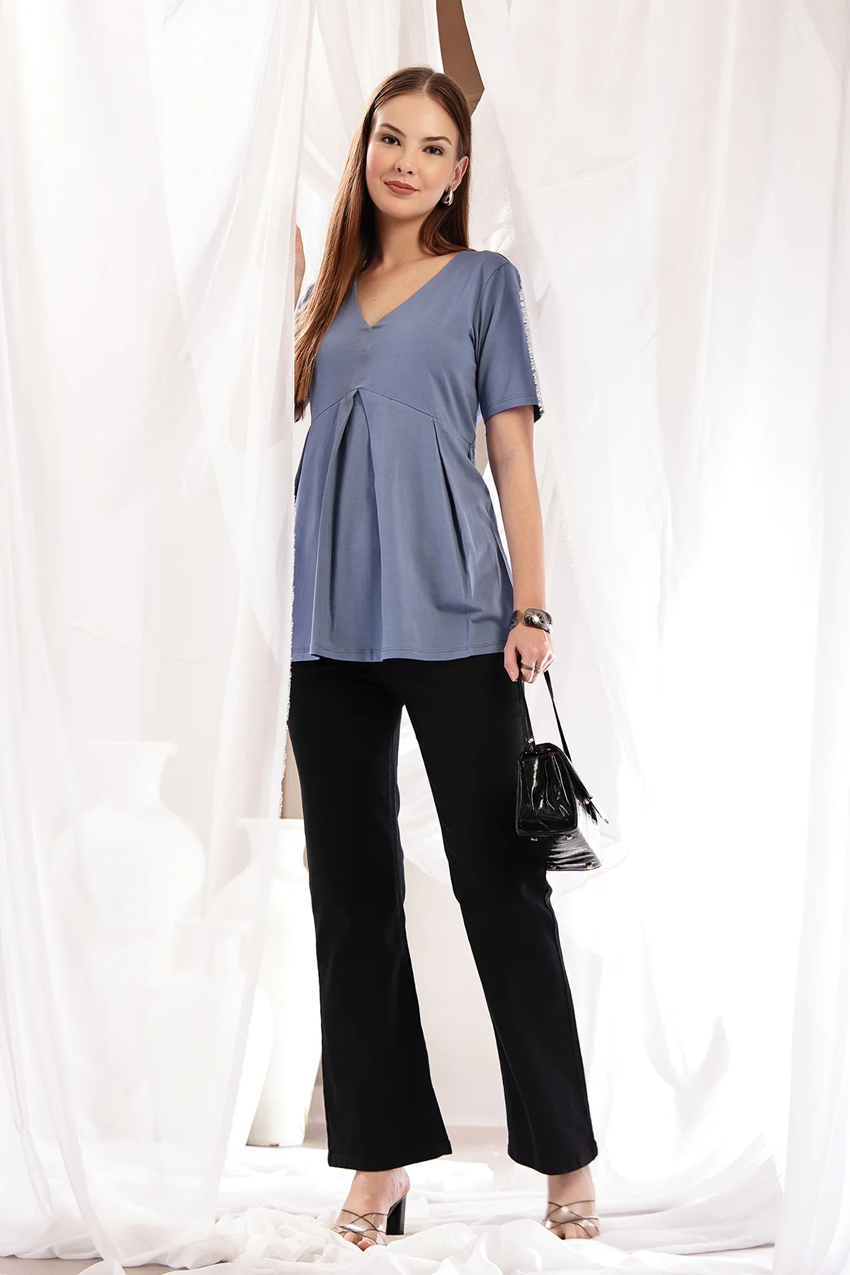 Pleated Cotton Maternity Nursing Top - M-Blue - Image 11