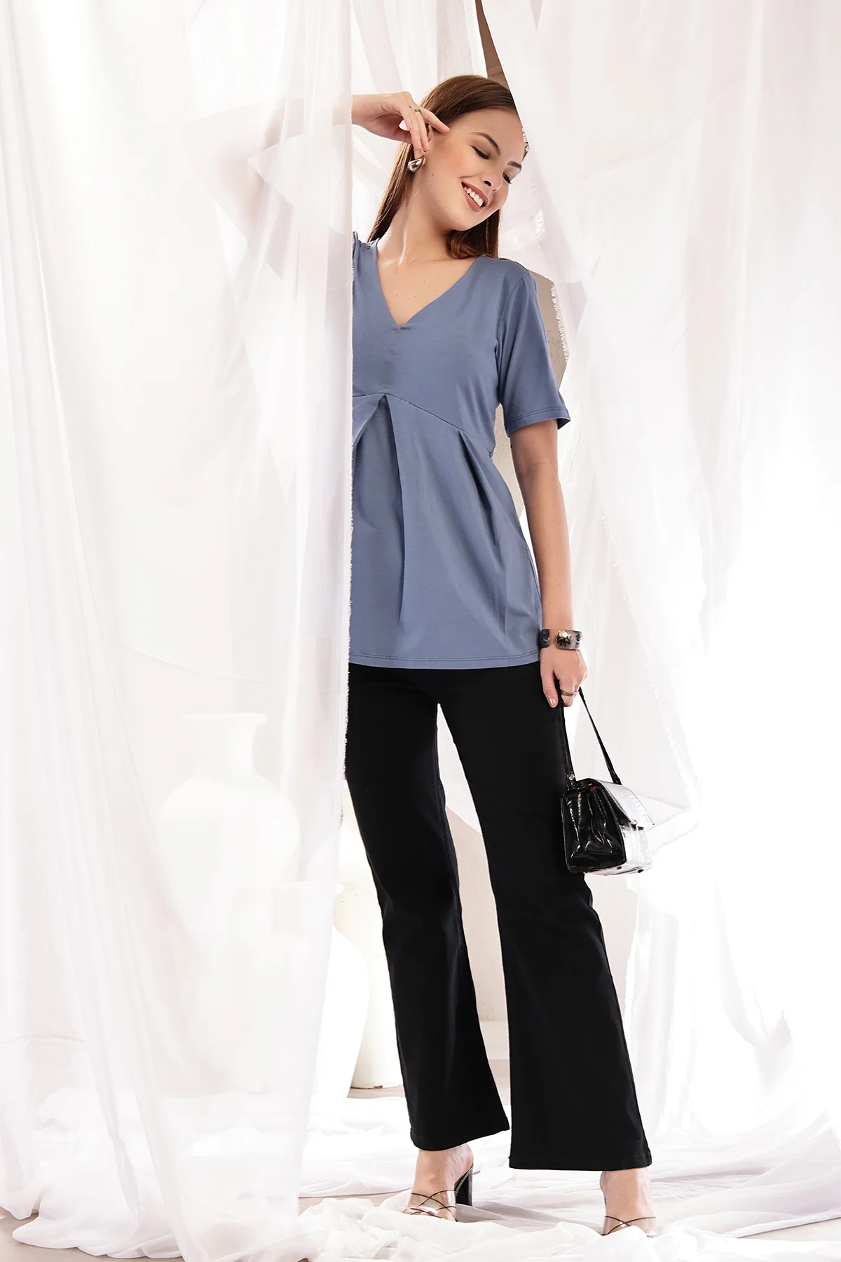 Pleated Cotton Maternity Nursing Top - M-Blue - Image 12