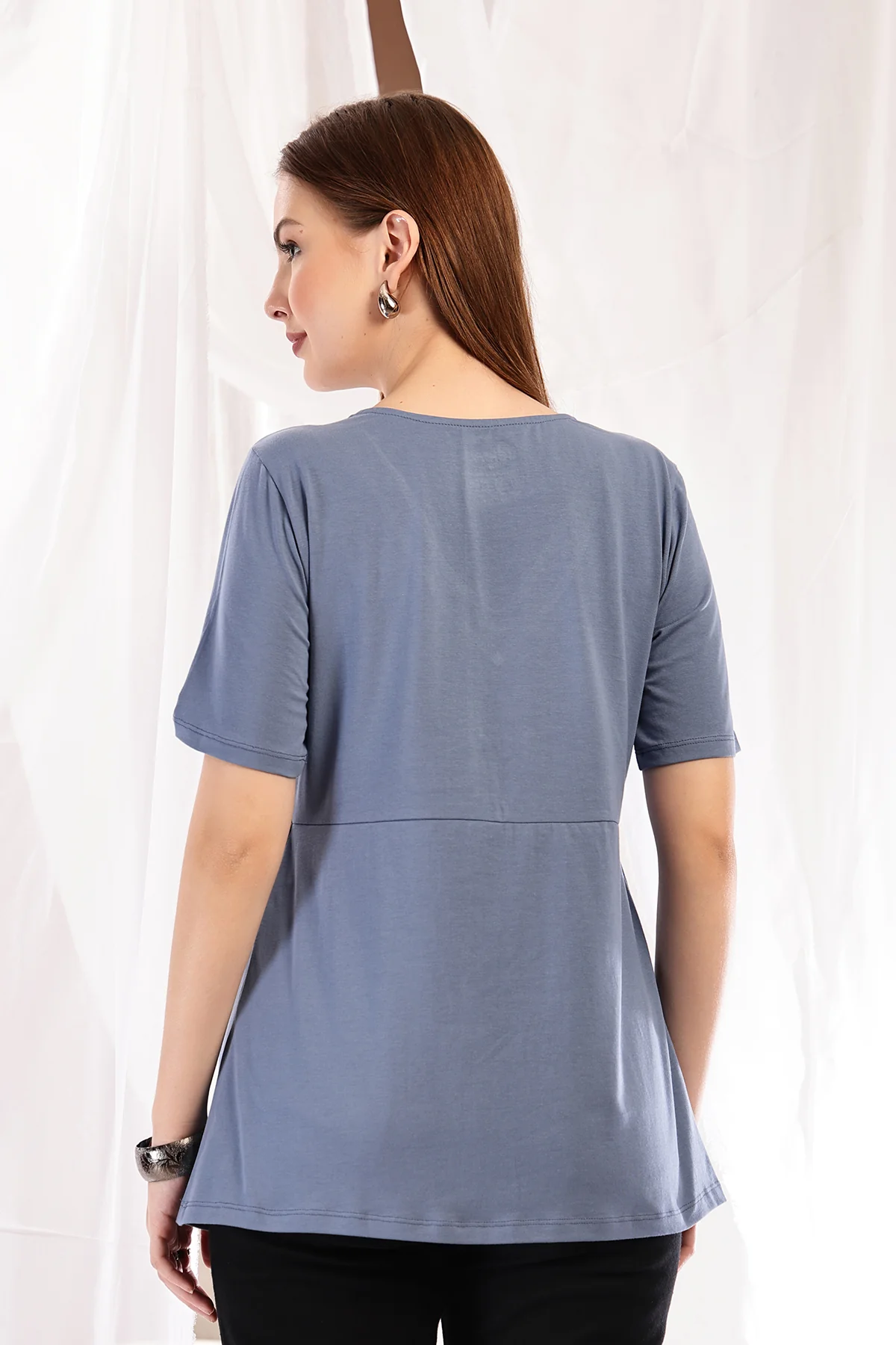 Pleated Cotton Maternity Nursing Top - M-Blue - Image 3