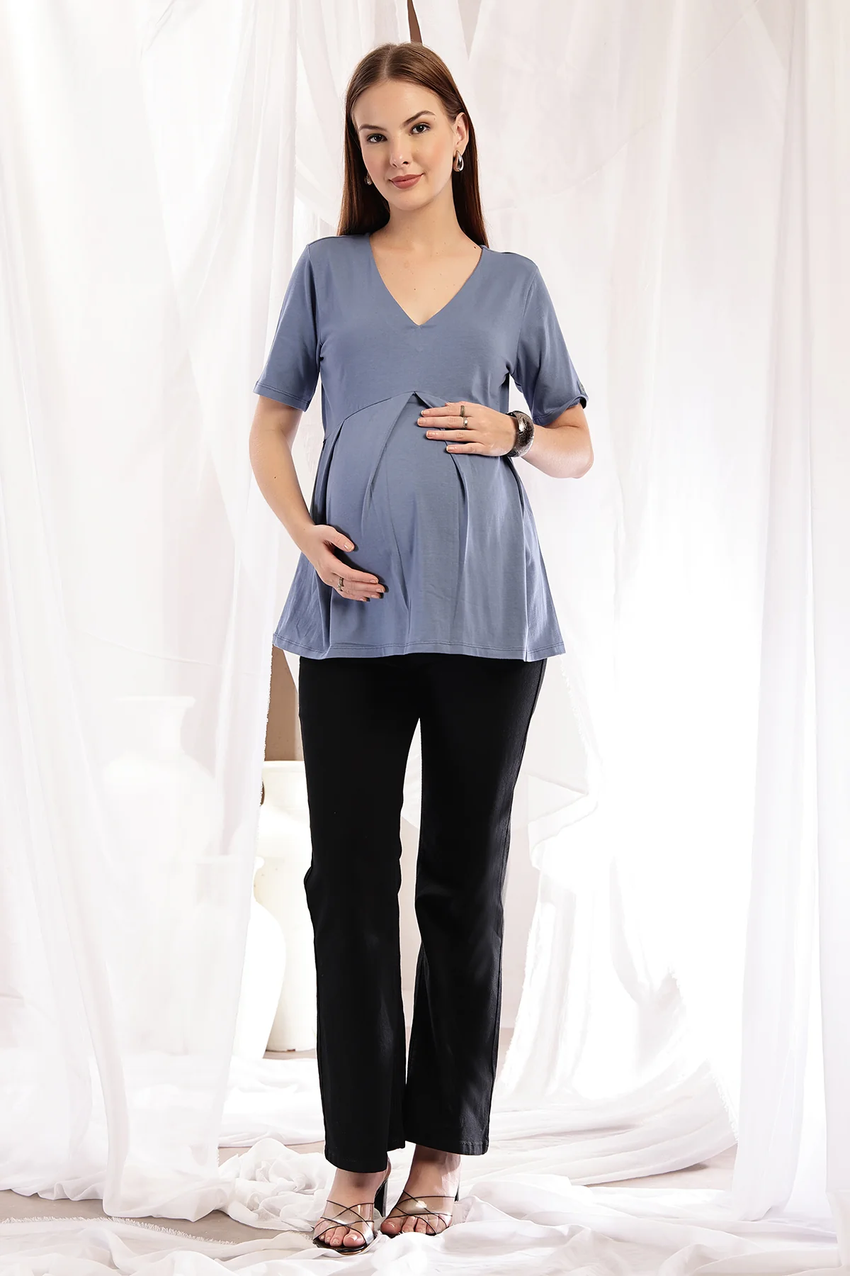 Pleated Cotton Maternity Nursing Top - M-Blue - Image 4