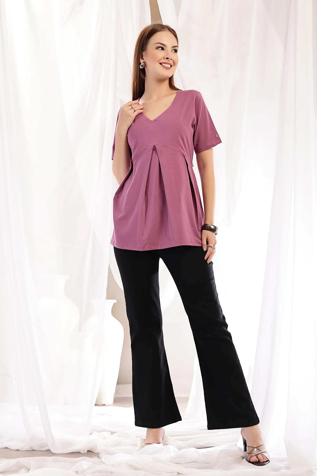 Pleated Cotton Maternity Nursing Top - Onion - Image 6