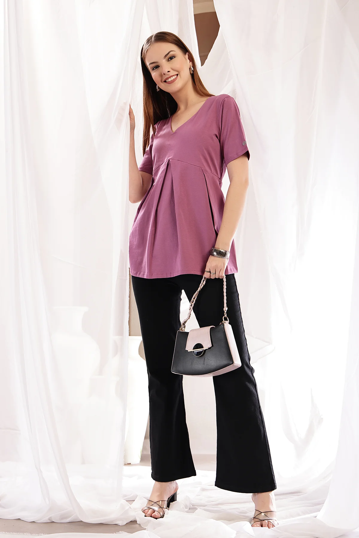 Pleated Cotton Maternity Nursing Top - Onion - Image 7