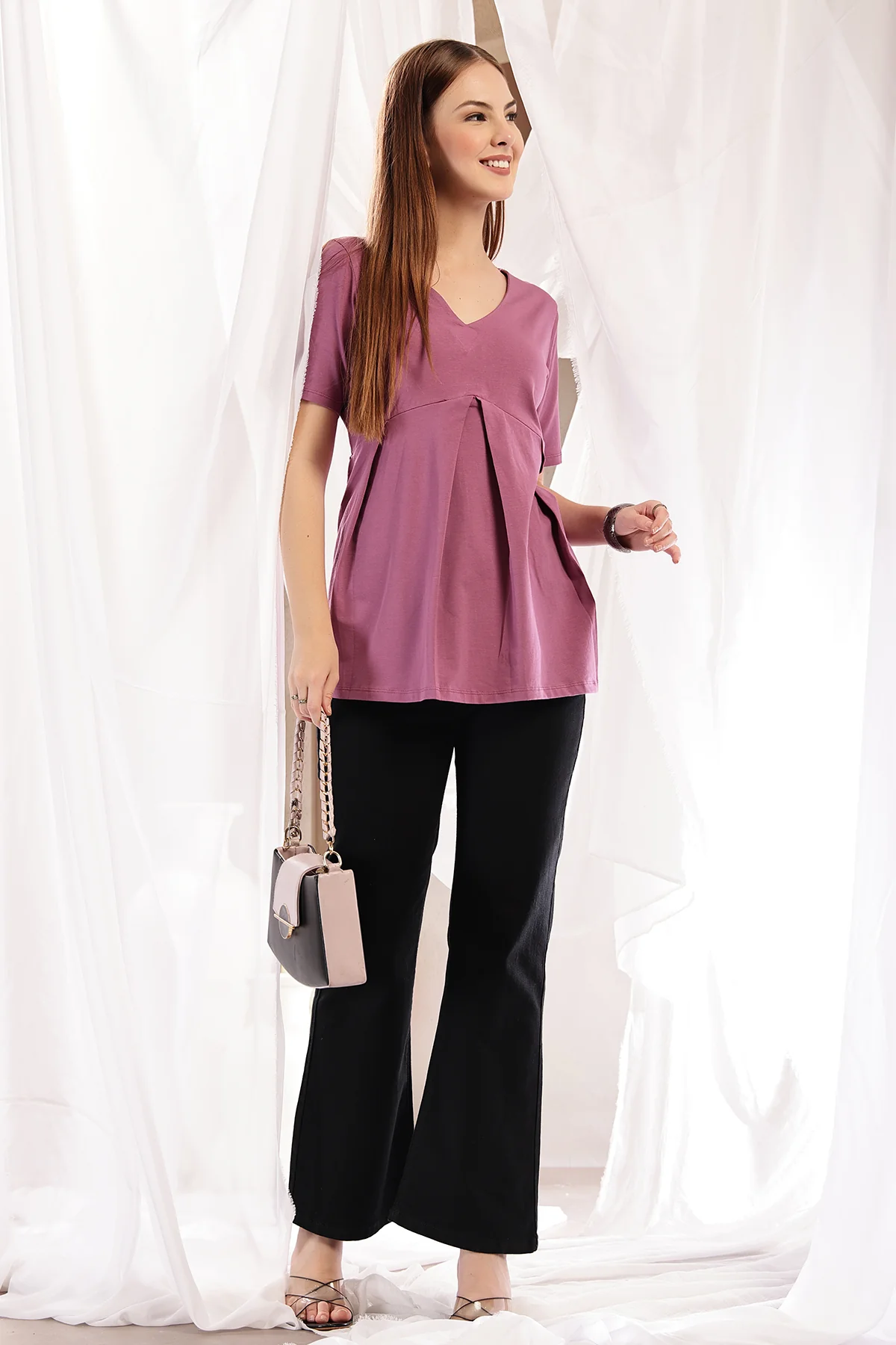 Pleated Cotton Maternity Nursing Top - Onion - Image 8