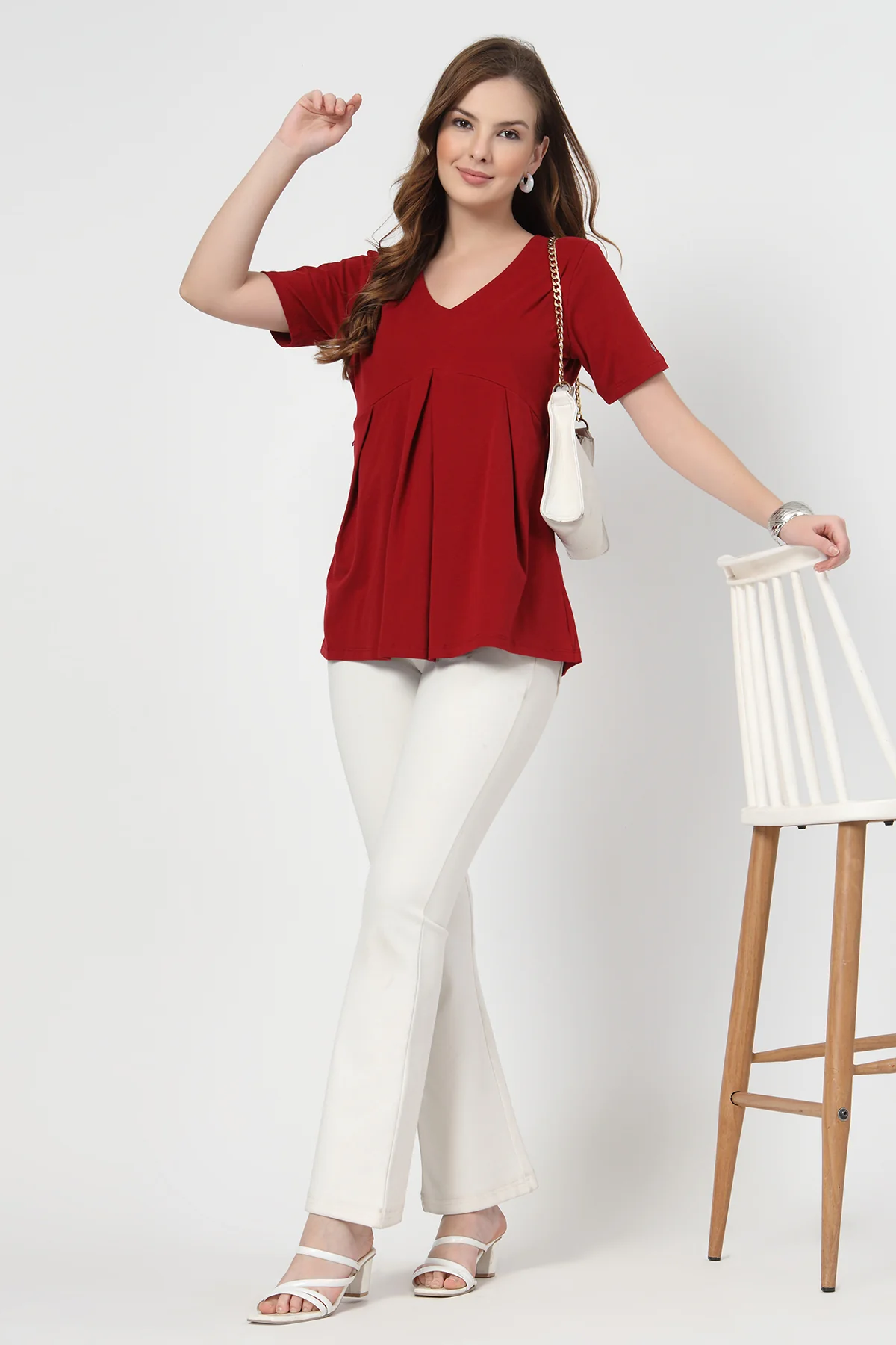 Pleated Cotton Maternity Nursing Top - Red - Image 10