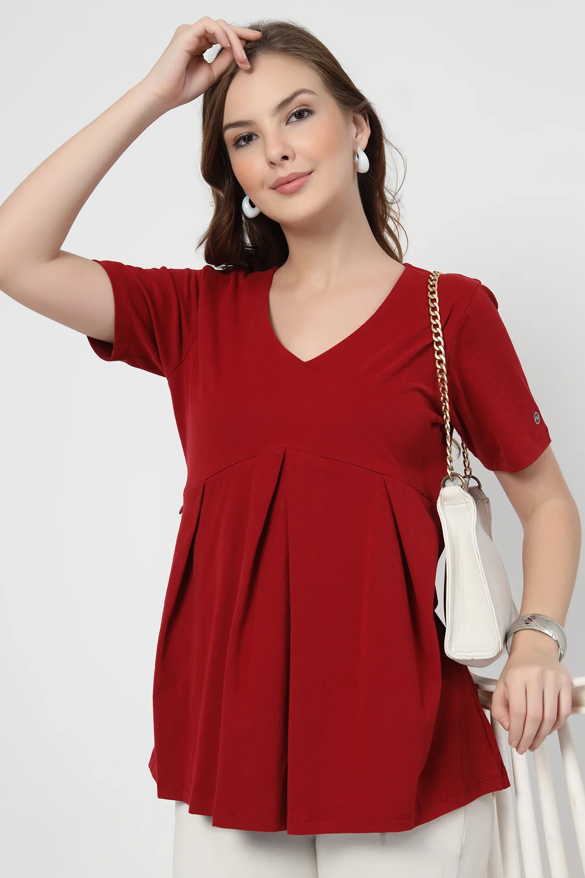 Pleated Cotton Maternity Nursing Top - Red - Image 11