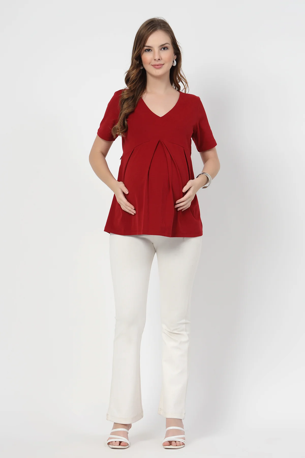 Pleated Cotton Maternity Nursing Top - Red - Image 12