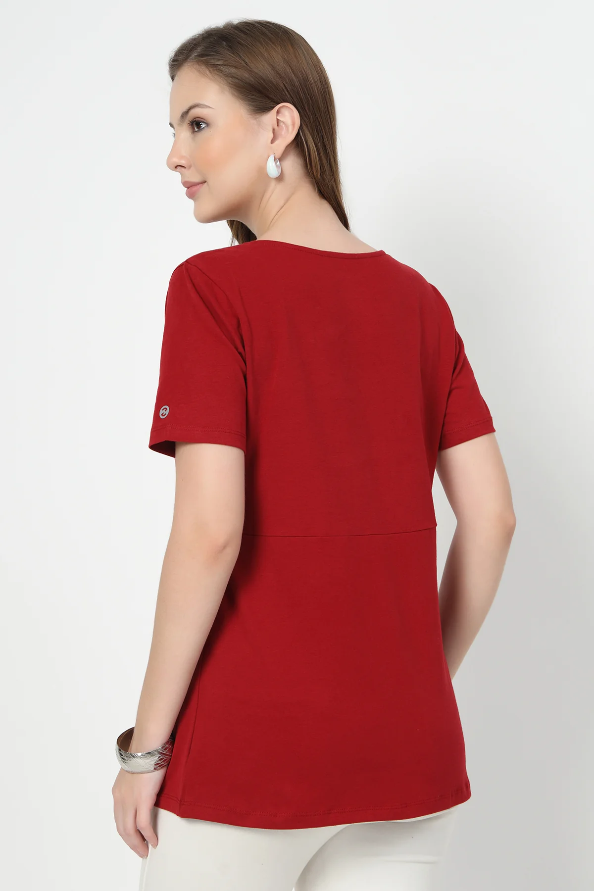 Pleated Cotton Maternity Nursing Top - Red - Image 3
