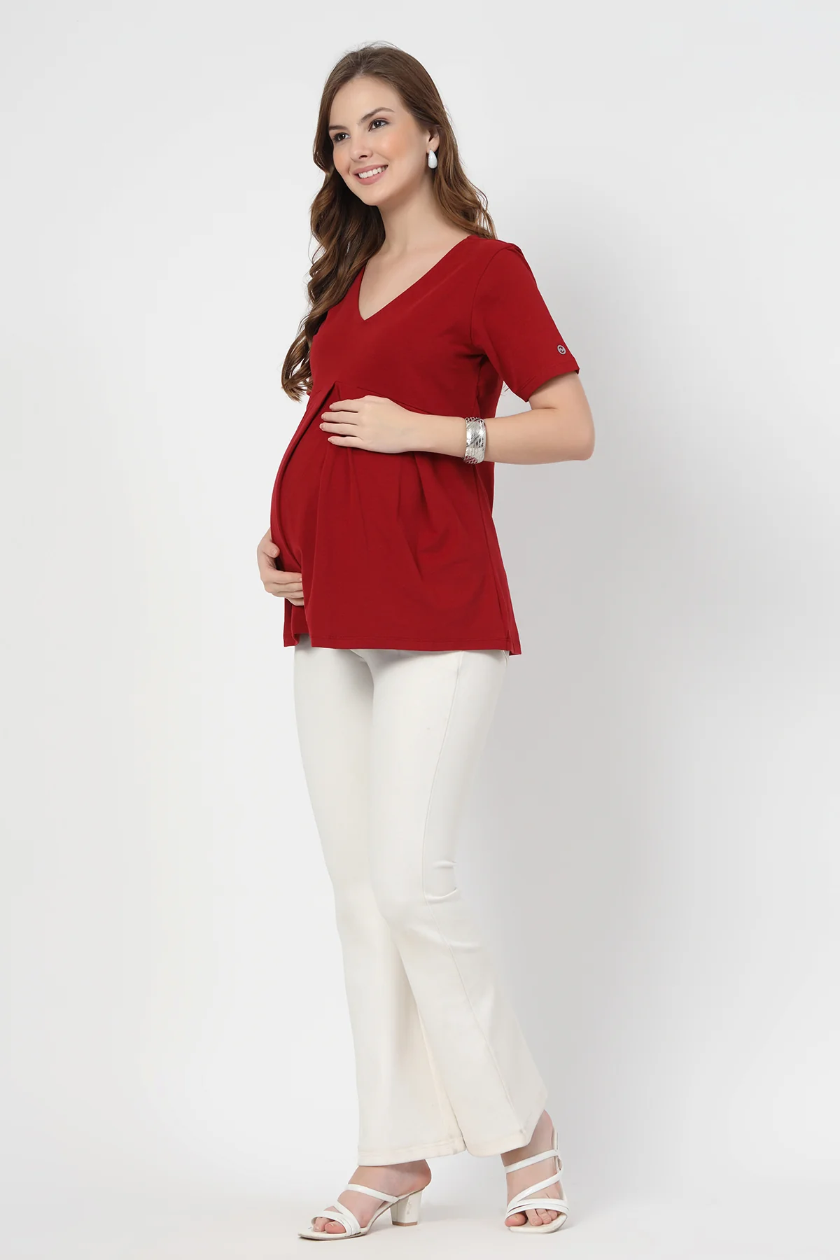 Pleated Cotton Maternity Nursing Top - Red - Image 4