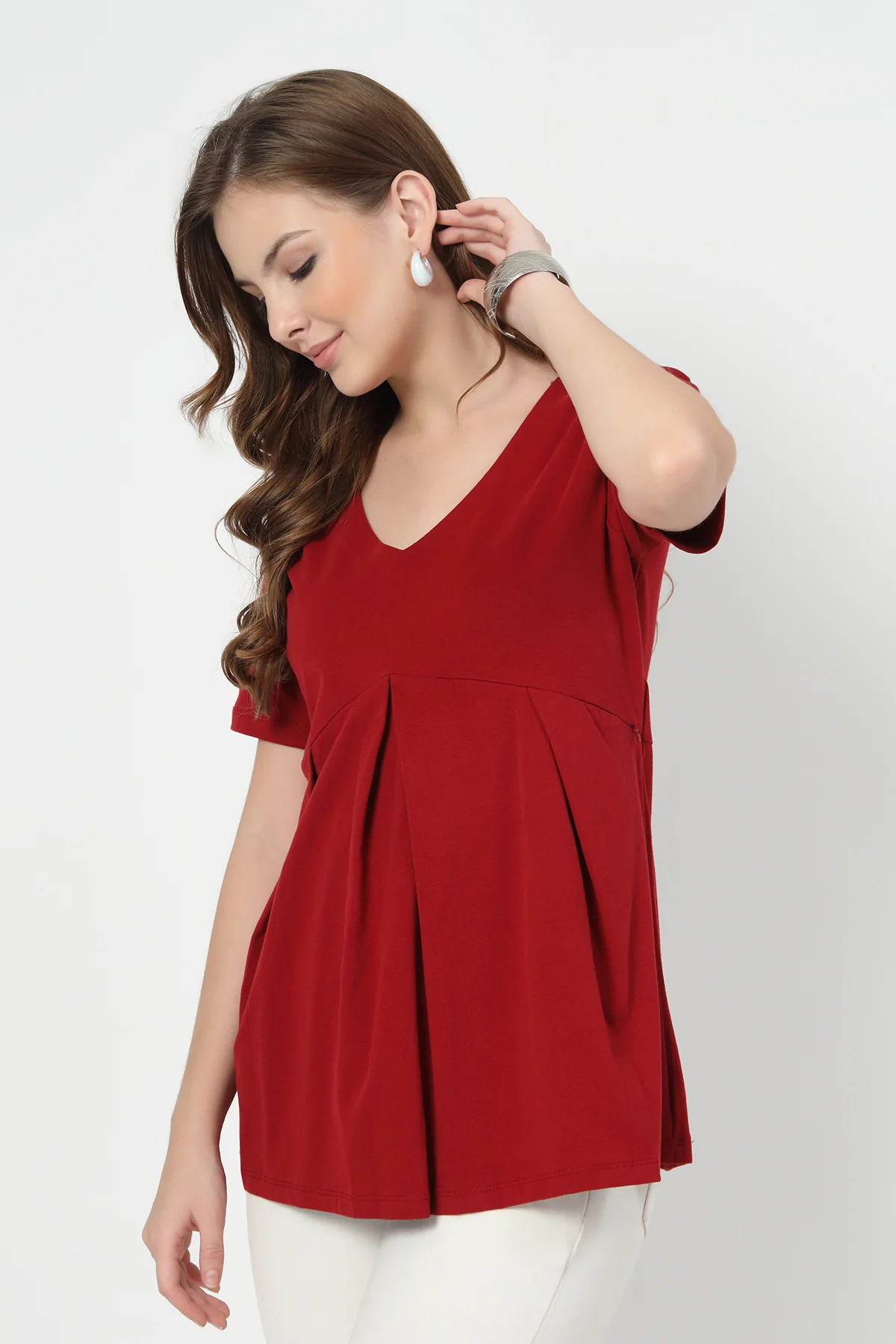 Pleated Cotton Maternity Nursing Top - Red - Image 5