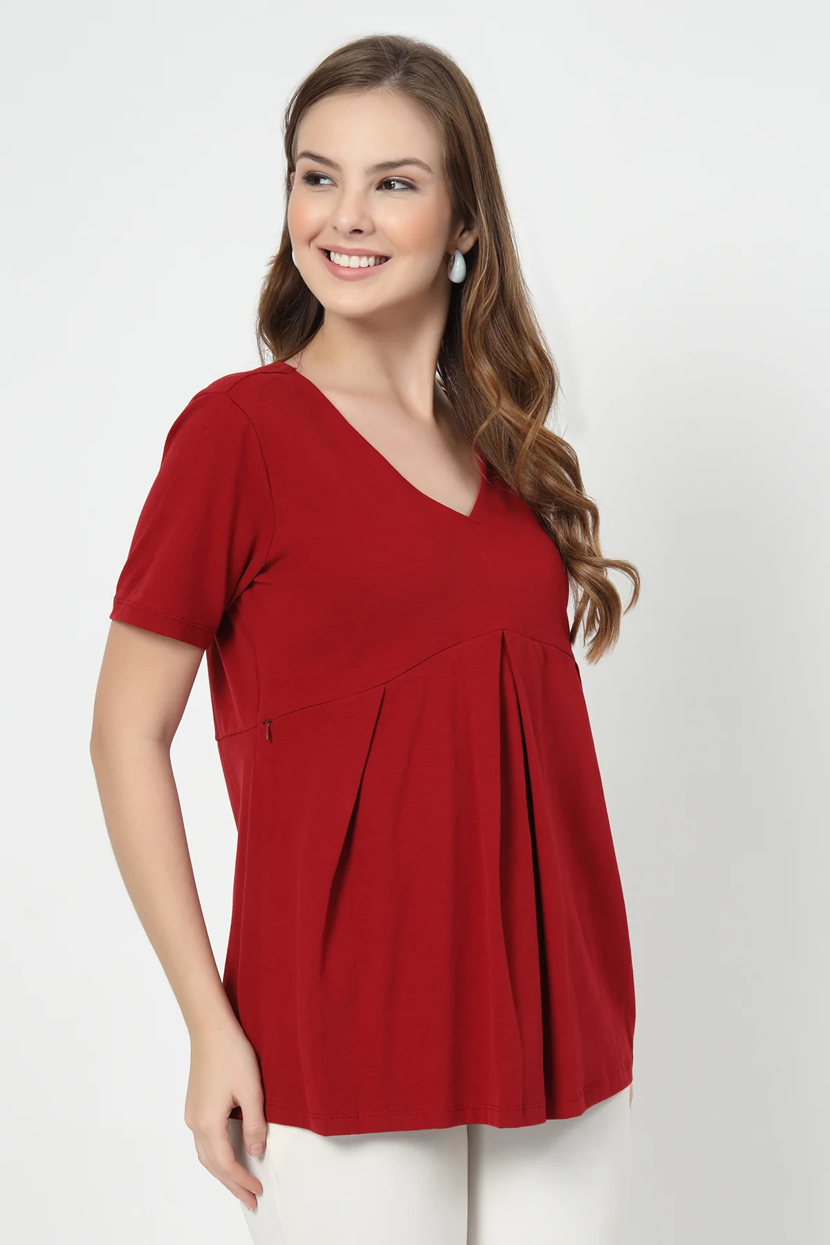 Pleated Cotton Maternity Nursing Top - Red - Image 6
