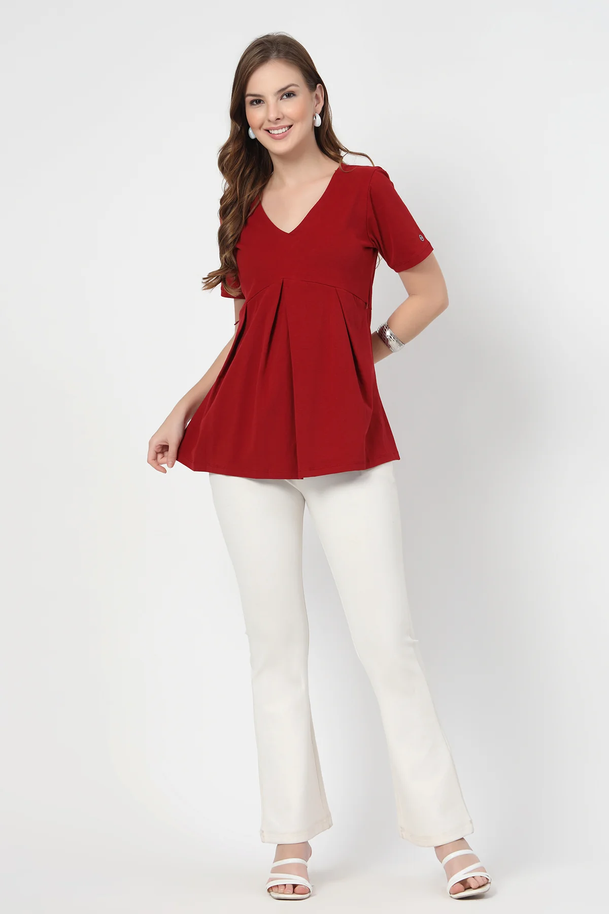 Pleated Cotton Maternity Nursing Top - Red - Image 8