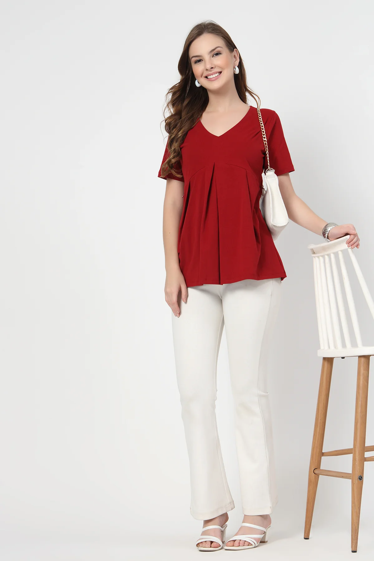 Pleated Cotton Maternity Nursing Top - Red - Image 9