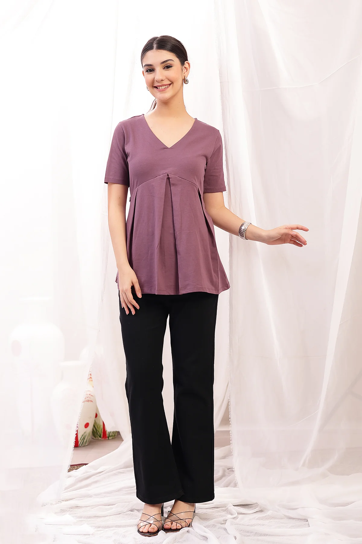 Pleated Cotton Maternity Nursing Top - Rosewood - Image 10
