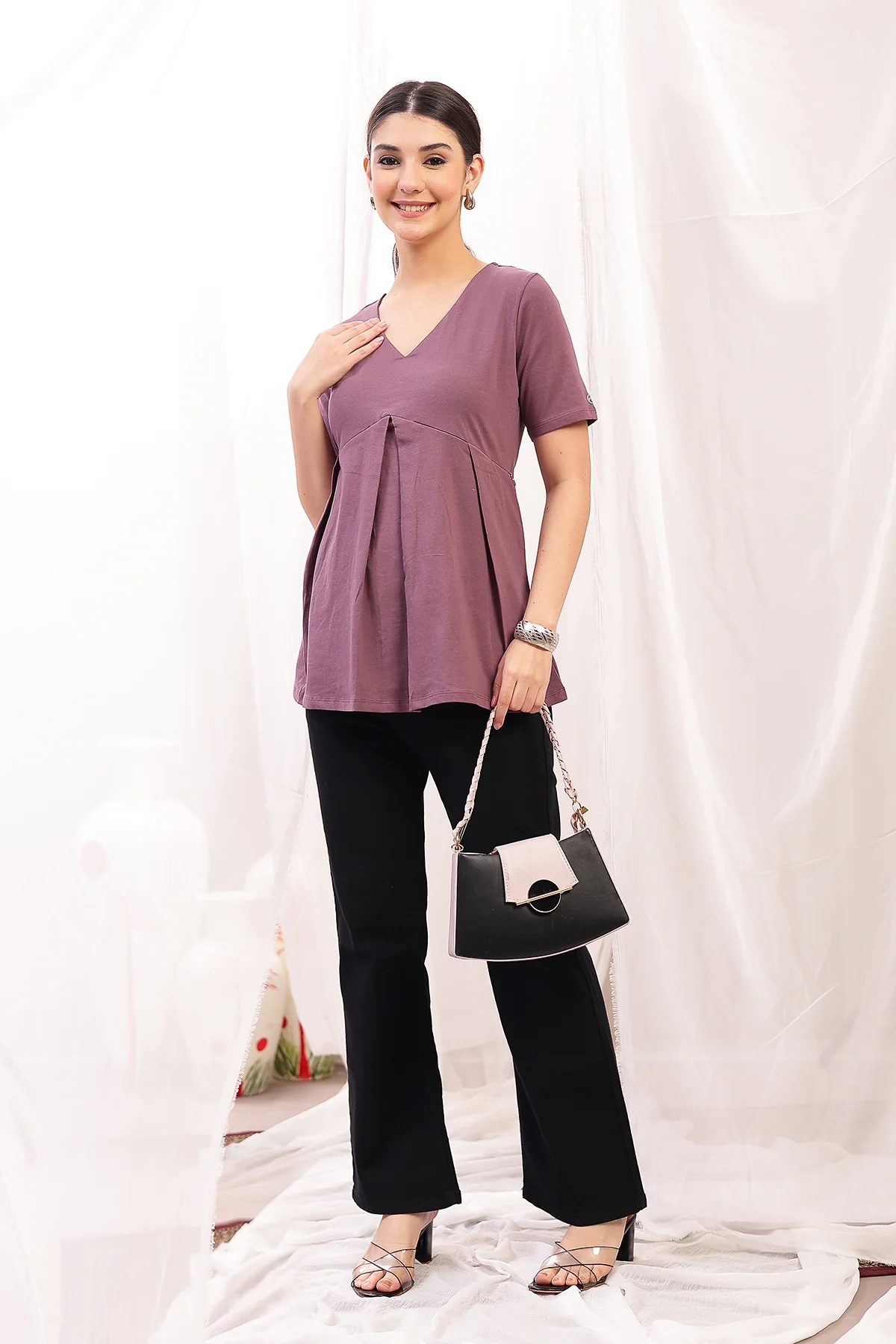 Pleated Cotton Maternity Nursing Top - Rosewood - Image 11