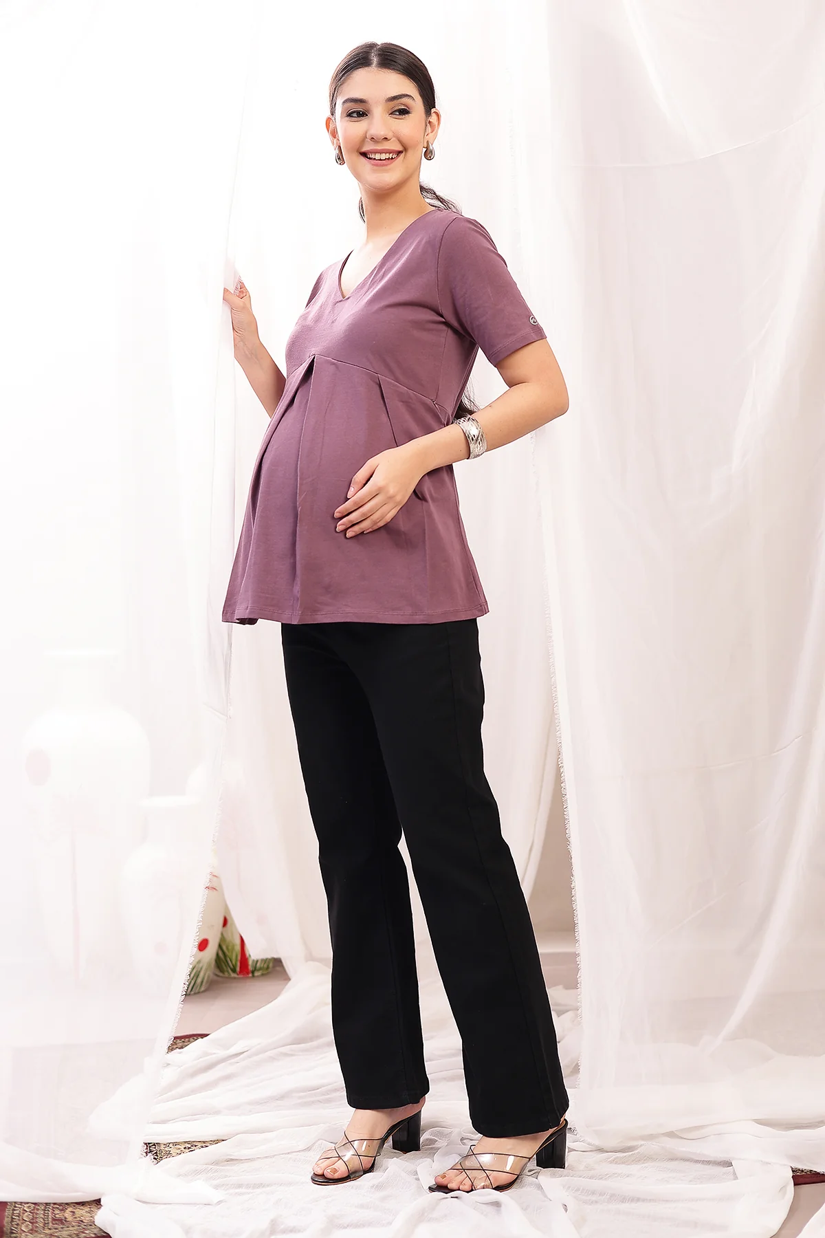 Pleated Cotton Maternity Nursing Top - Rosewood - Image 13