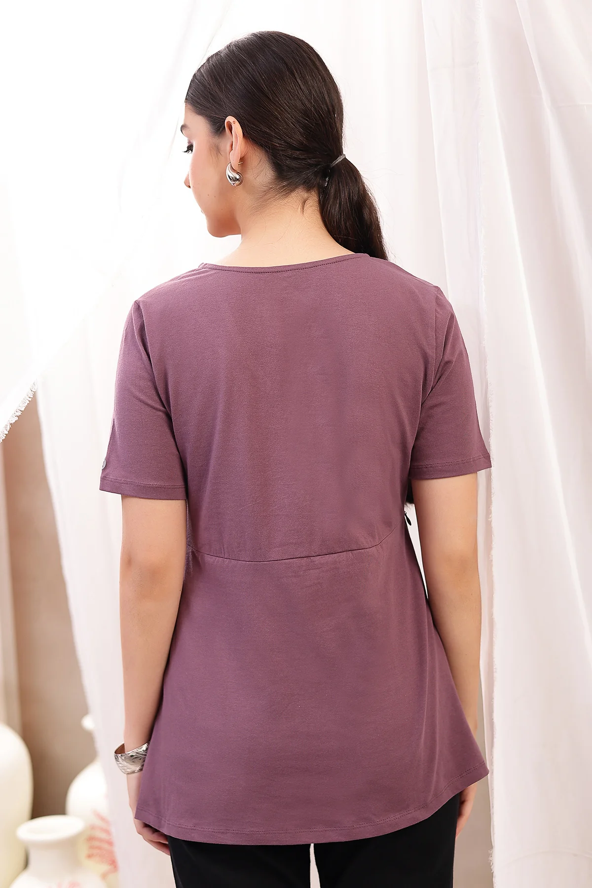 Pleated Cotton Maternity Nursing Top - Rosewood - Image 3