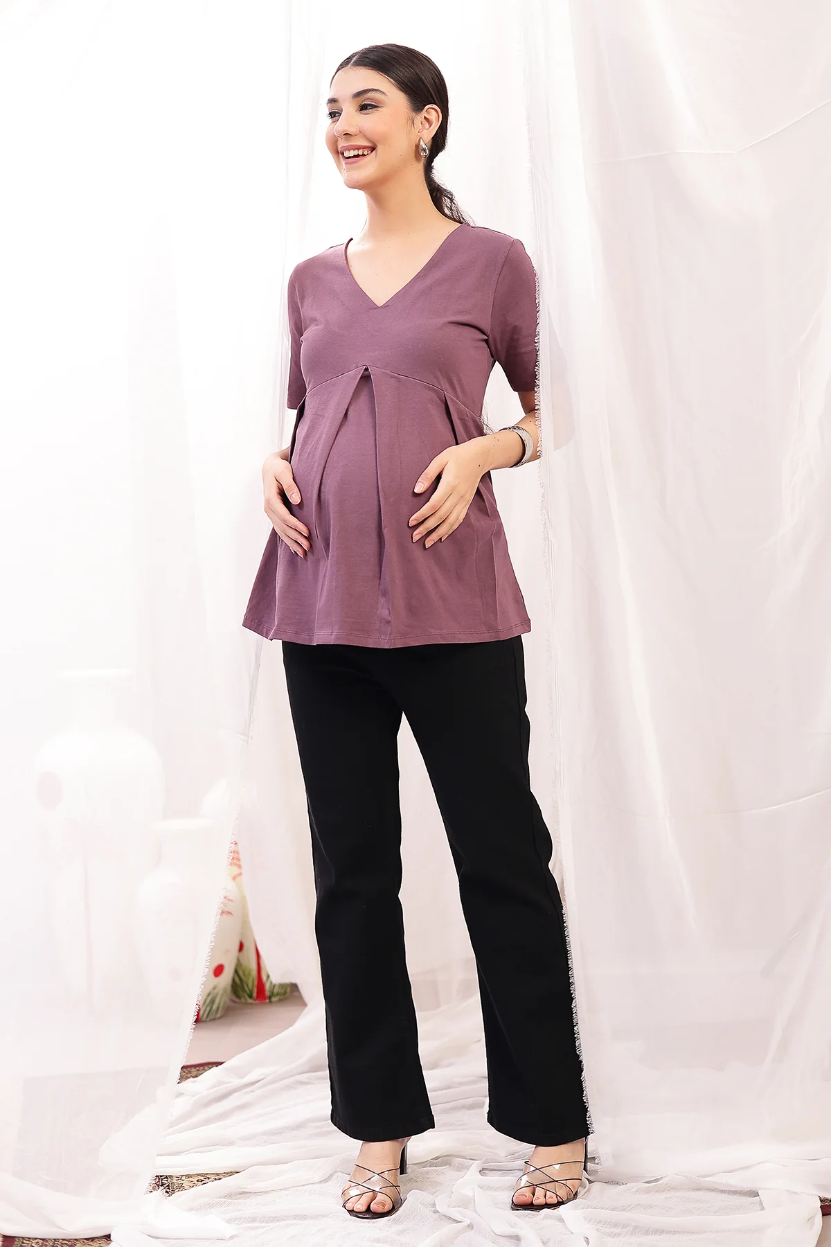 Pleated Cotton Maternity Nursing Top - Rosewood - Image 4