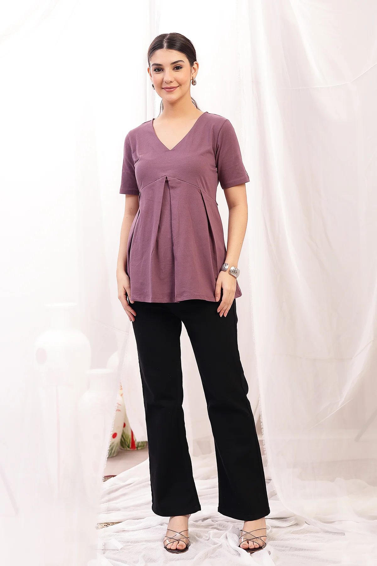Pleated Cotton Maternity Nursing Top - Rosewood - Image 9