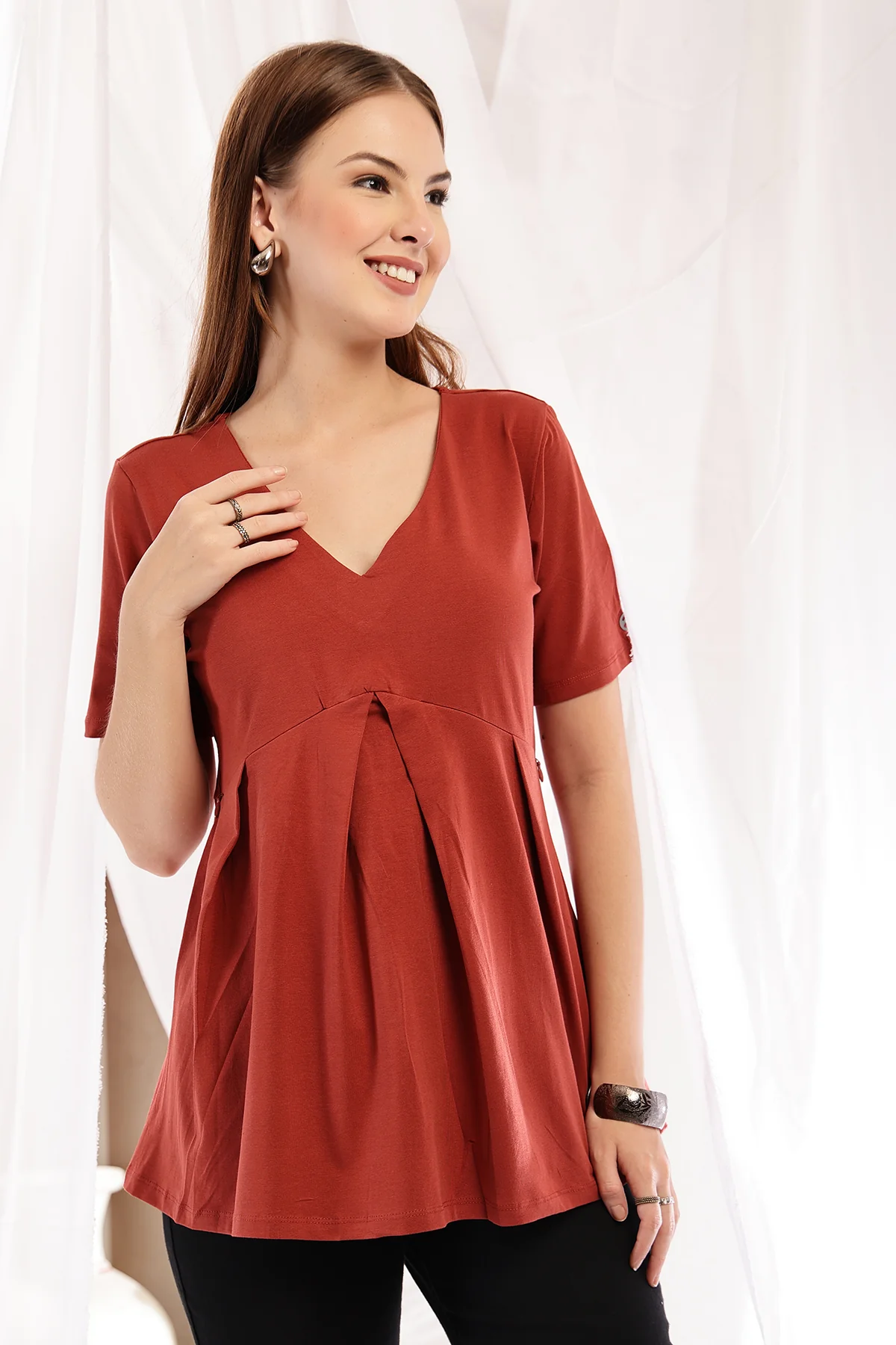 Pleated Cotton Maternity Nursing Top - Rust - Image 11