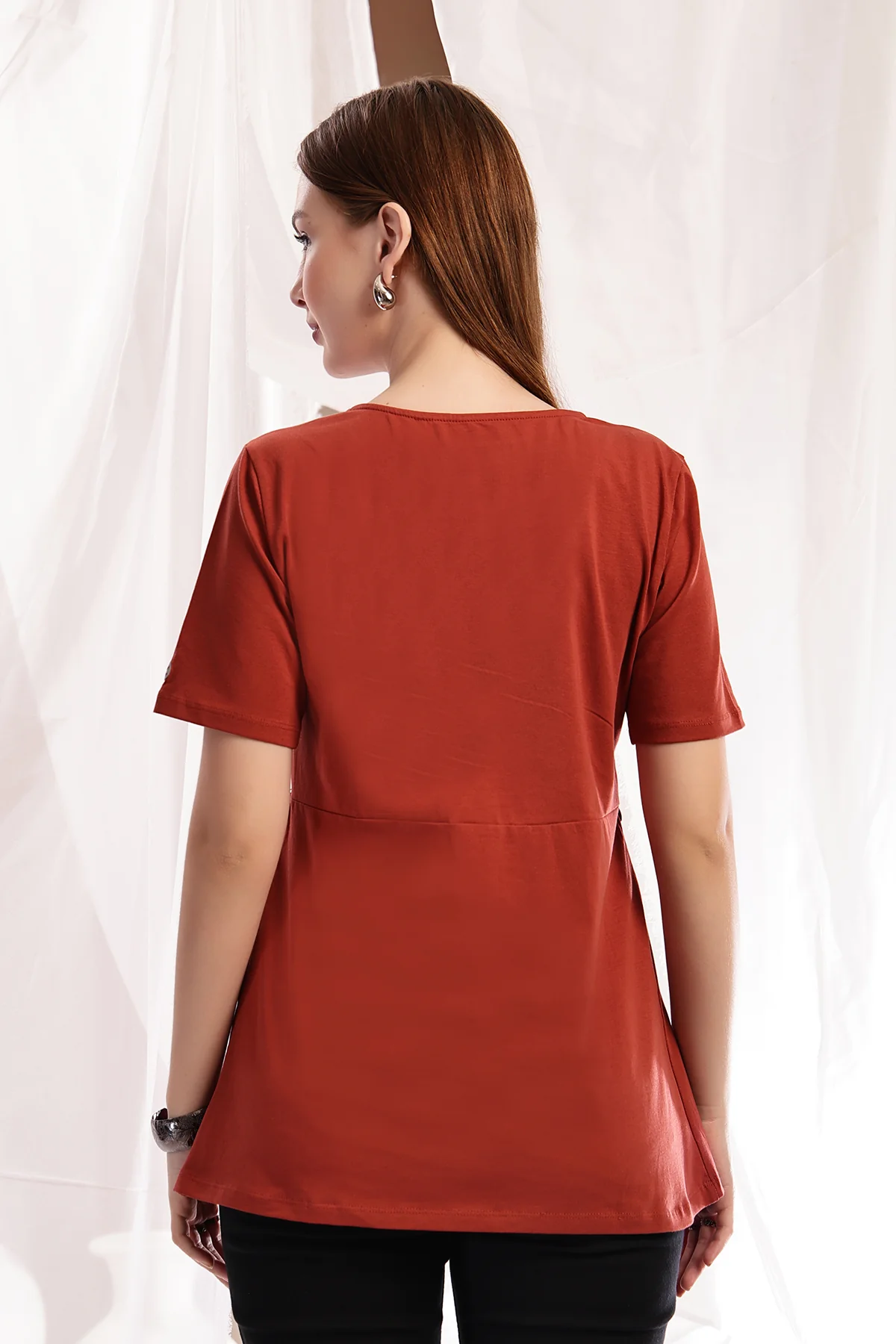 Pleated Cotton Maternity Nursing Top - Rust - Image 3