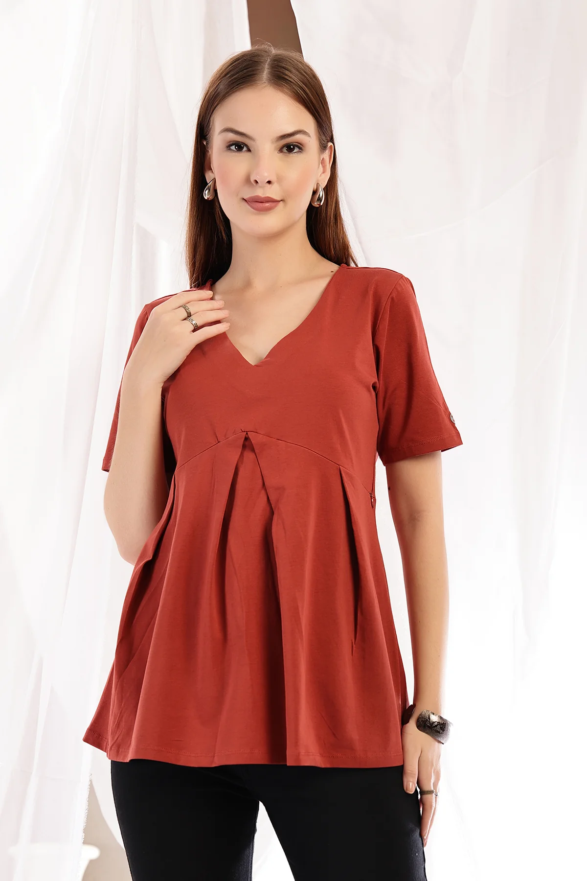 Pleated Cotton Maternity Nursing Top - Rust - Image 6