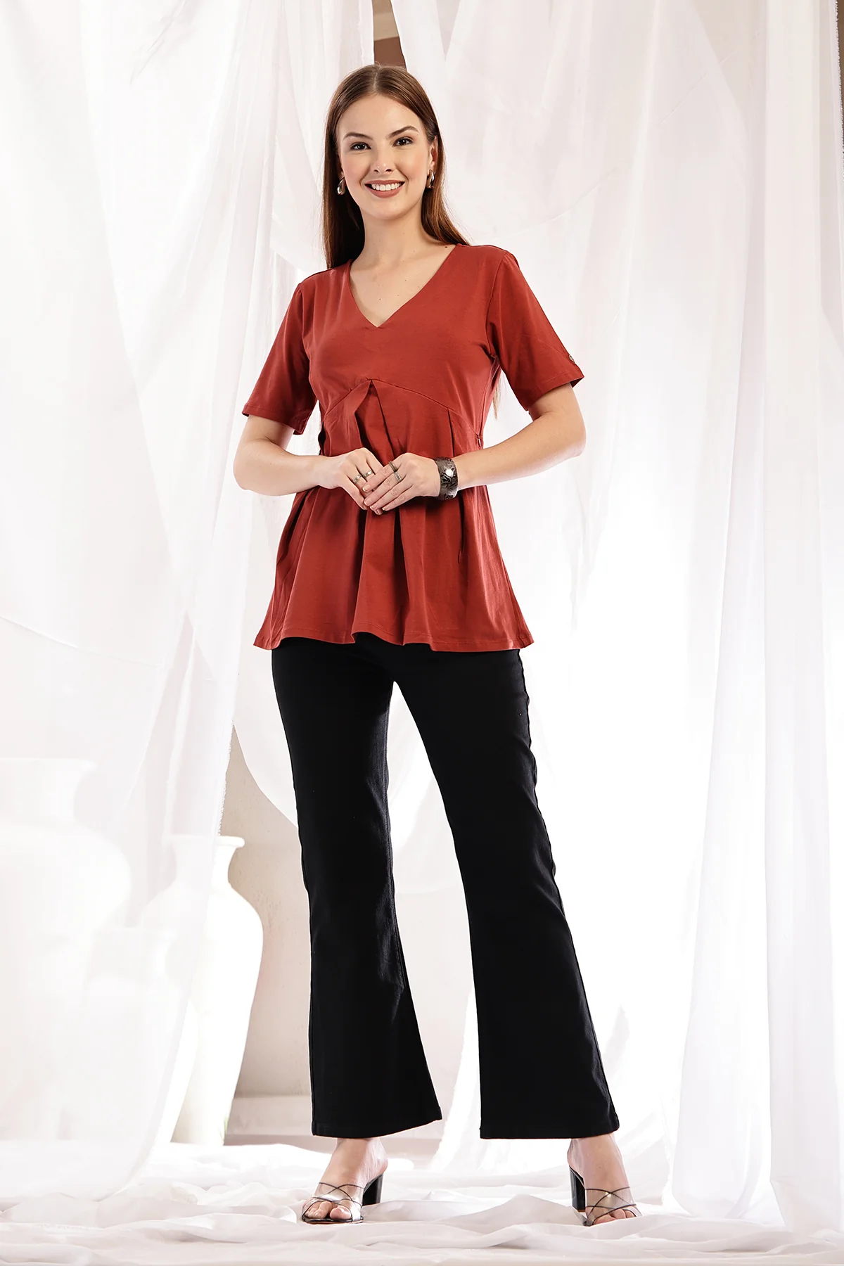 Pleated Cotton Maternity Nursing Top - Rust - Image 7