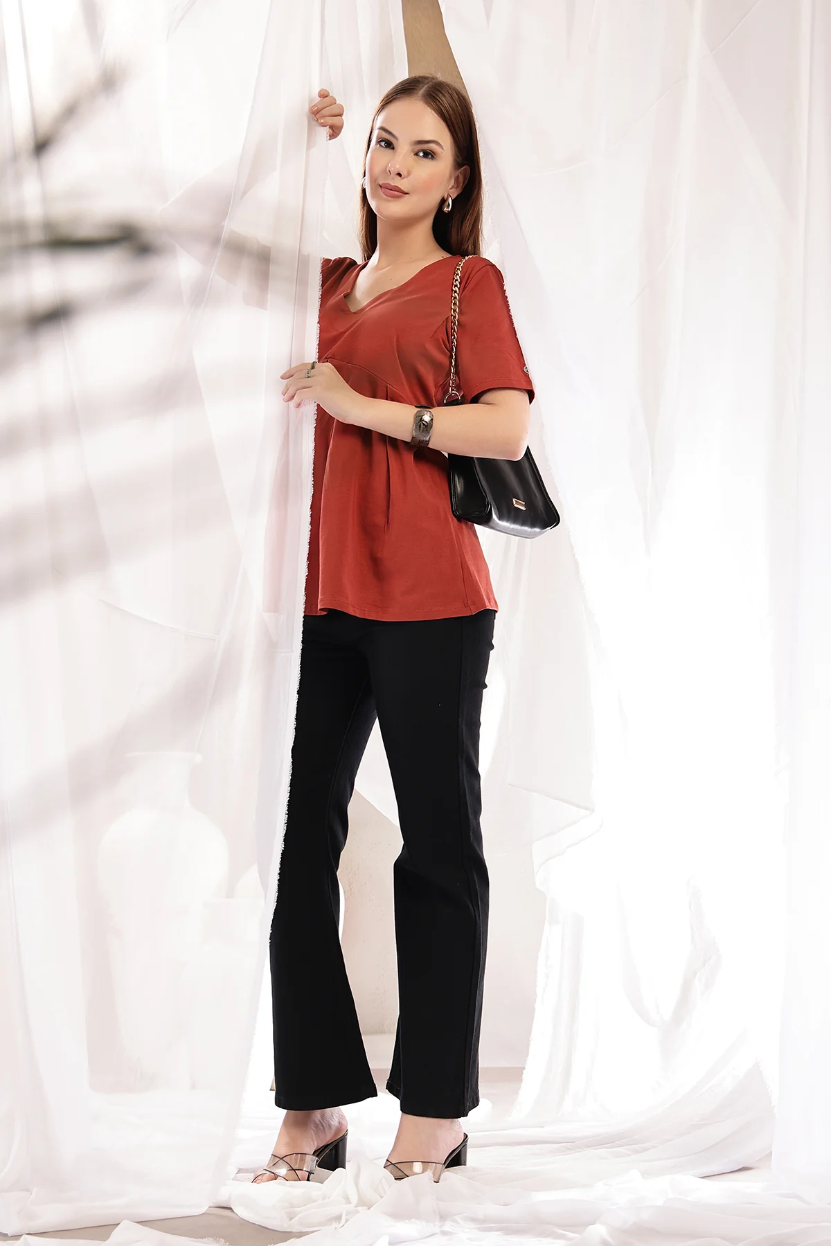 Pleated Cotton Maternity Nursing Top - Rust - Image 8