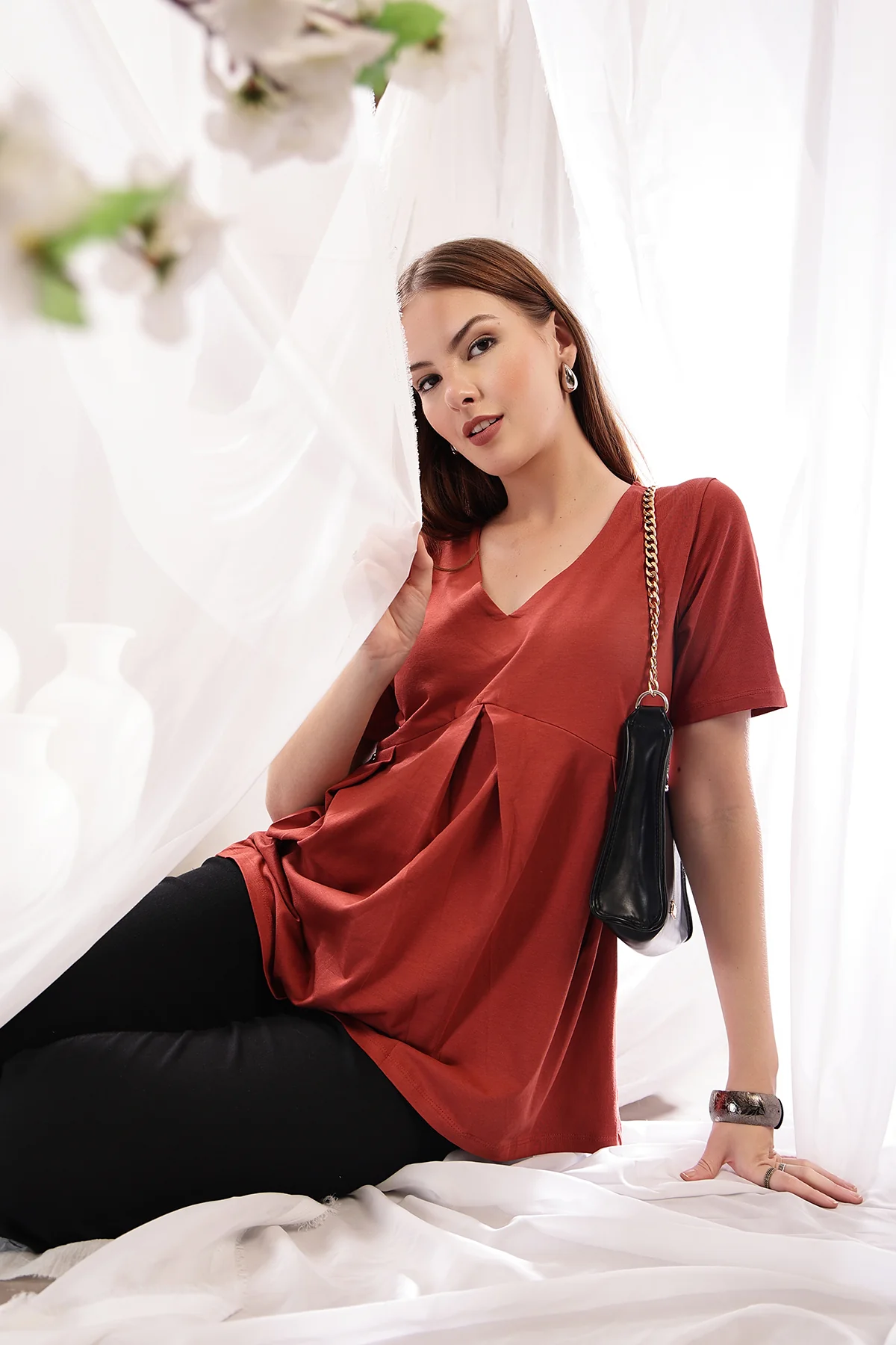 Pleated Cotton Maternity Nursing Top - Rust - Image 9