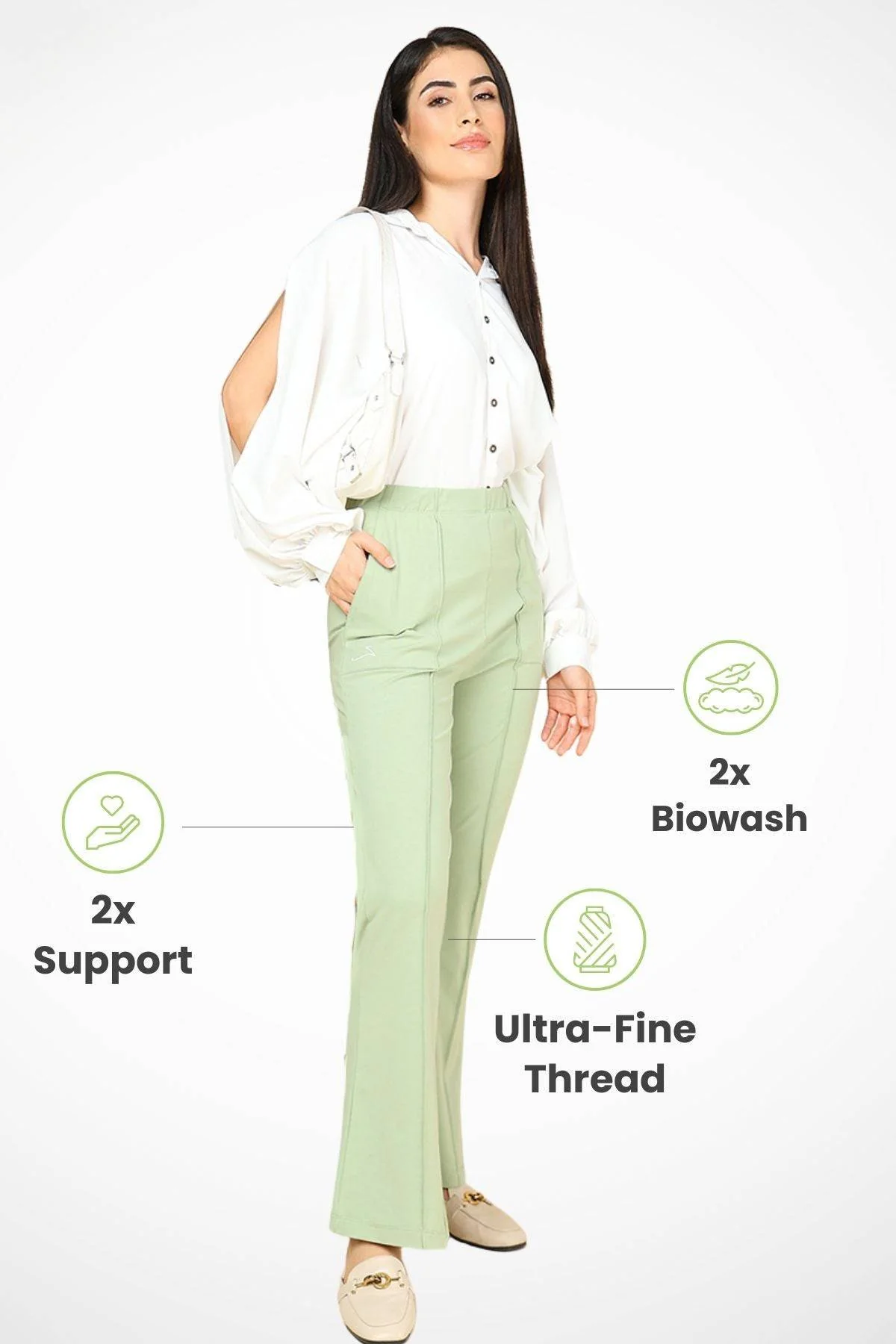 Pleated Cotton Matcha Green Maternity Pants (Pregnancy & Postpartum) - Image 3