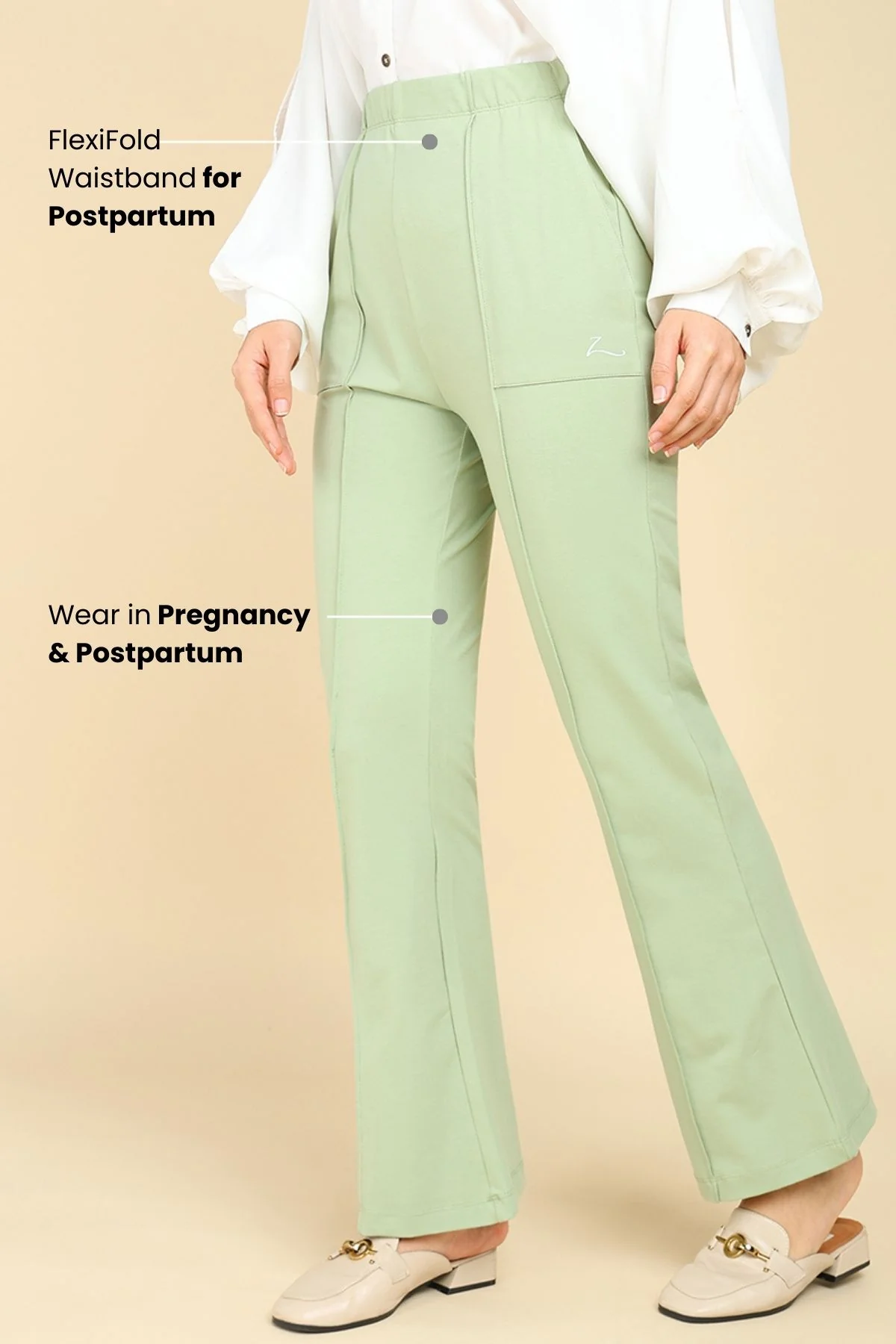 Pleated Cotton Matcha Green Maternity Pants (Pregnancy & Postpartum) - Image 4