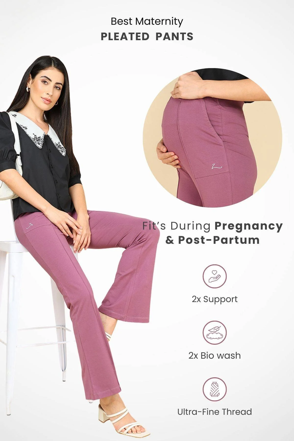 Pleated Pants Cotton Rosewood Maternity Pants (Pregnancy & Postpartum) - Image 3