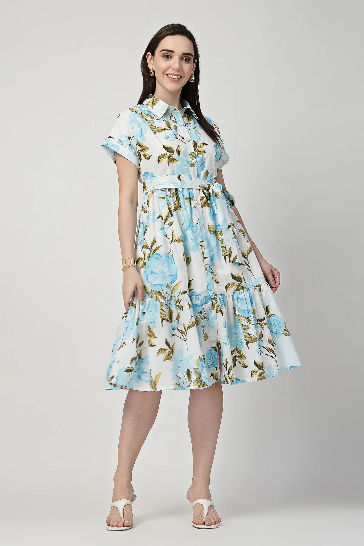 Printed Tiered Cotton Poplin Zipless Feeding Shirt Dress - Sky Blue - Image 10