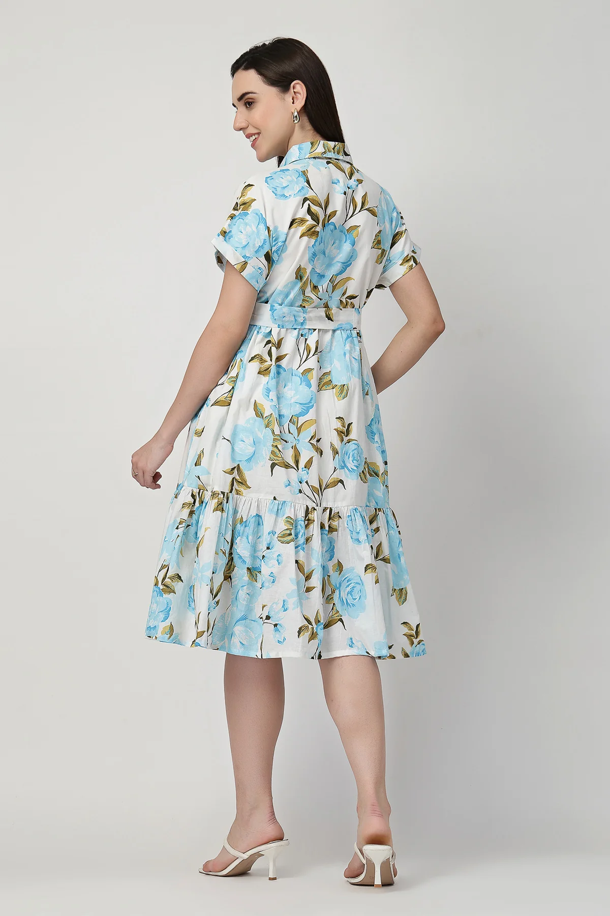 Printed Tiered Cotton Poplin Zipless Feeding Shirt Dress - Sky Blue - Image 3
