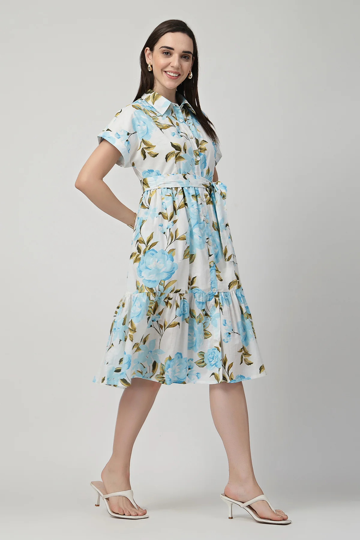 Printed Tiered Cotton Poplin Zipless Feeding Shirt Dress - Sky Blue - Image 4