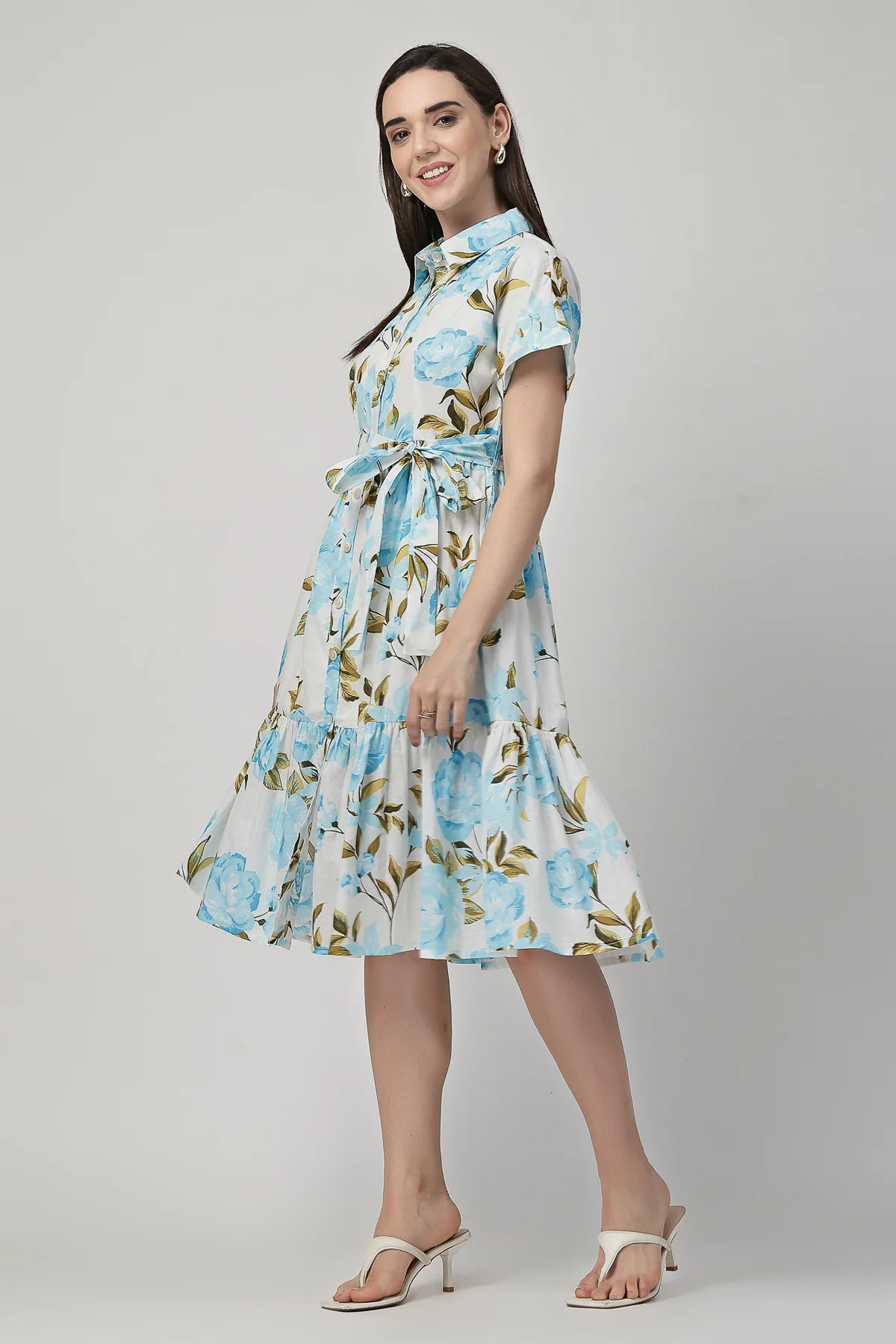 Printed Tiered Cotton Poplin Zipless Feeding Shirt Dress - Sky Blue - Image 6