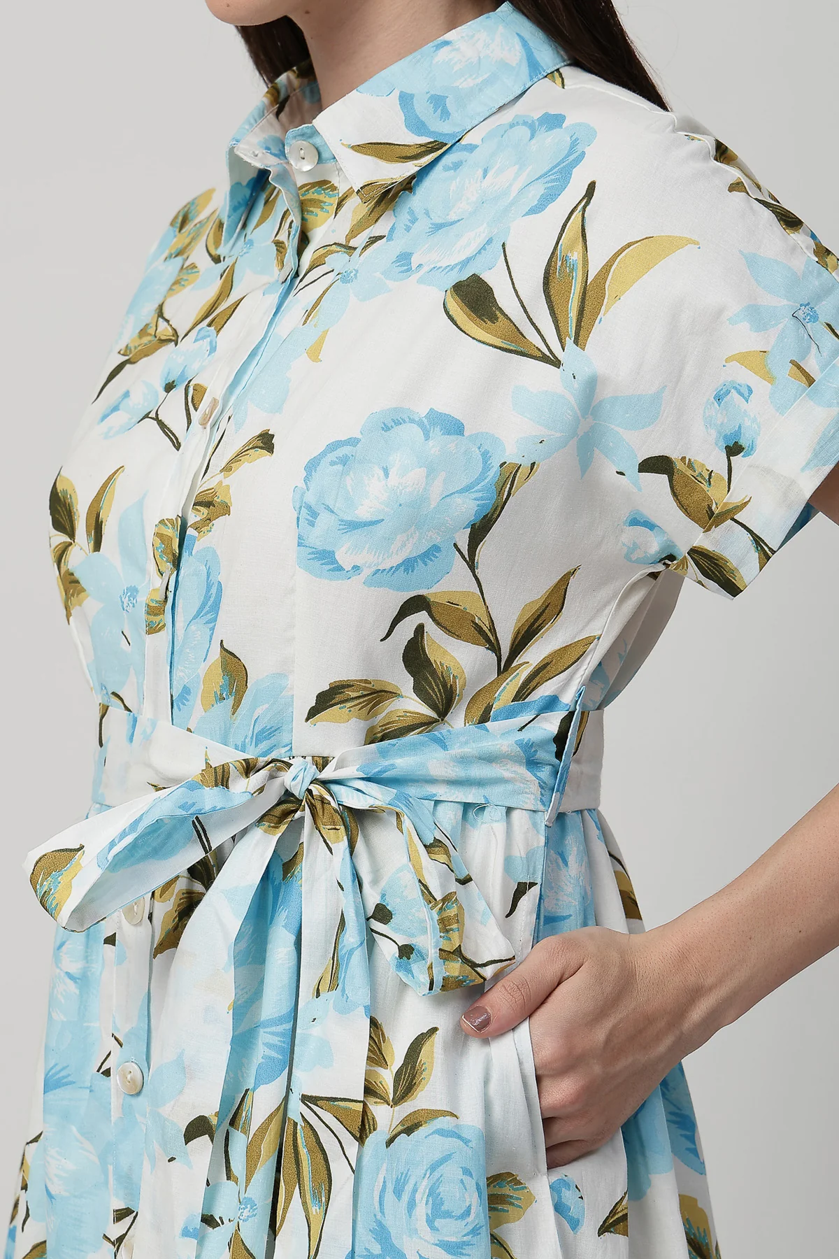 Printed Tiered Cotton Poplin Zipless Feeding Shirt Dress - Sky Blue - Image 7